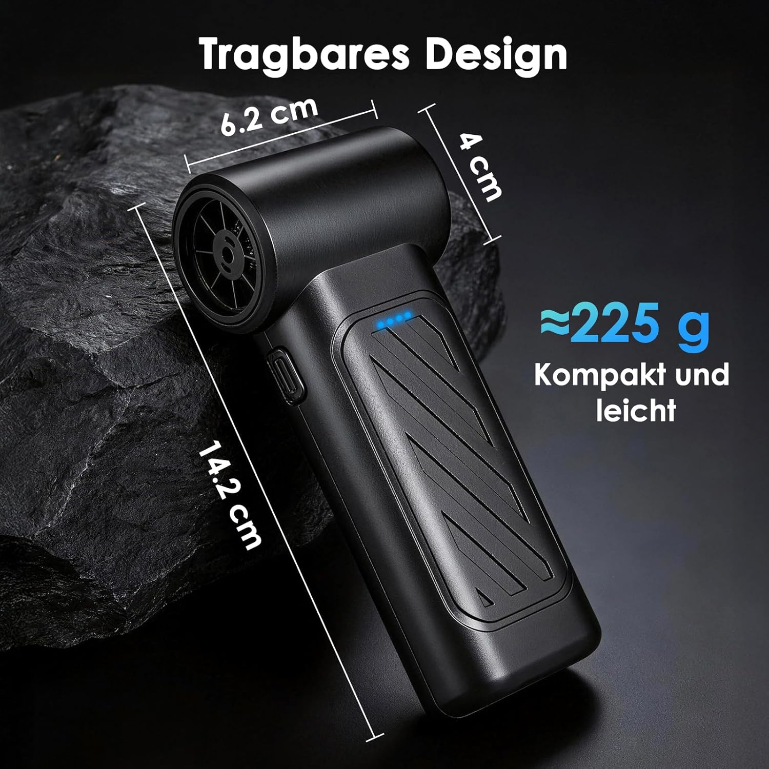 Schwarzes, tragbares Gerät mit Maßen 14,2x6,2x4 cm und 225g Gewicht.