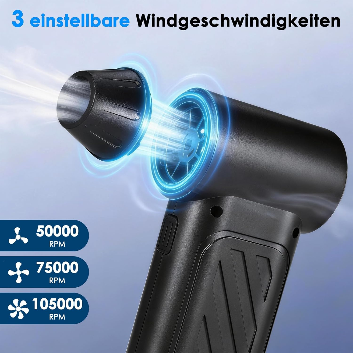 Schwarzer Gebläseaufsatz mit Luftstrom und 3 RPM-Einstellungen: 50000, 75000, 105000.