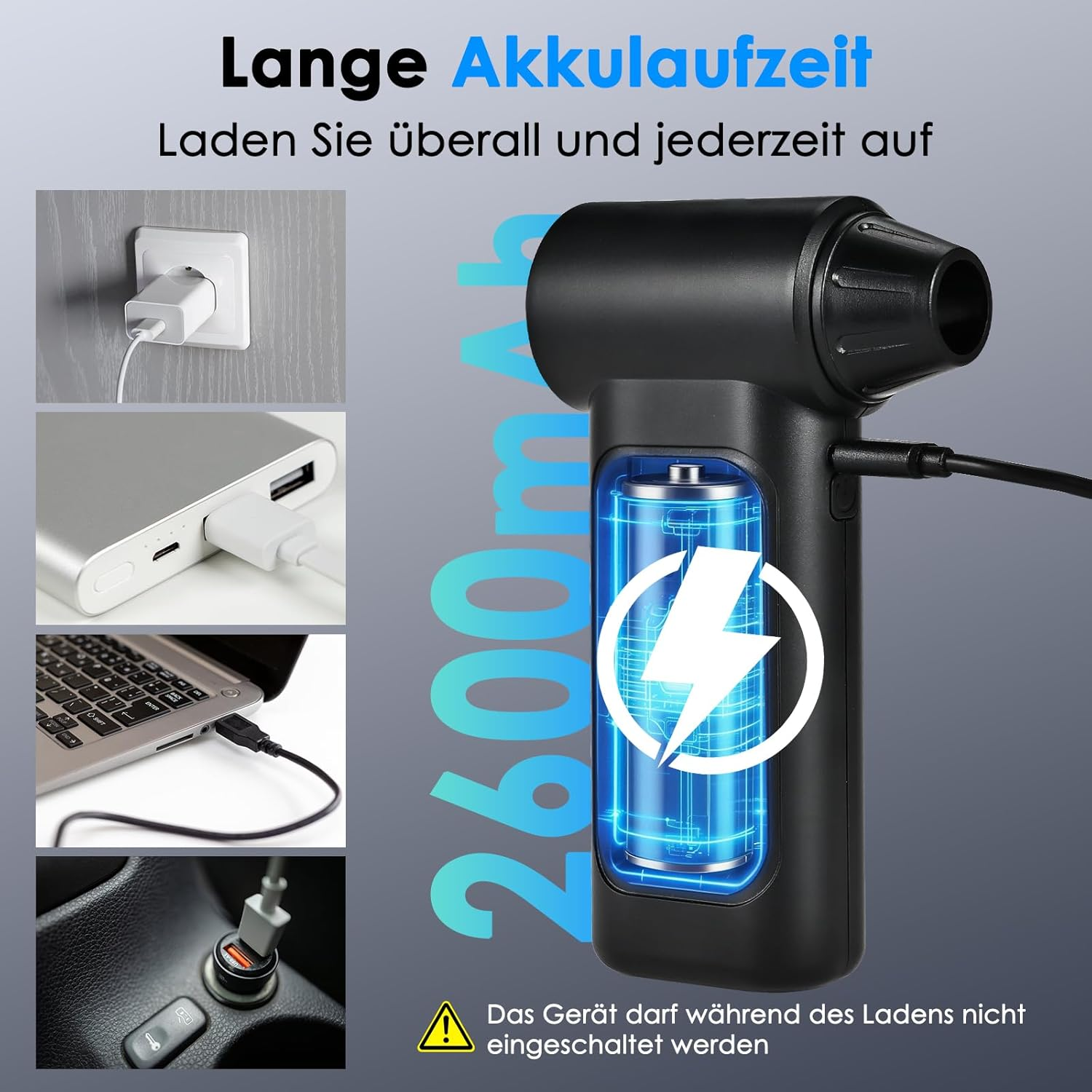 Ein Gerät mit langer Akkulaufzeit wird gezeigt, mit Ladeoptionen.