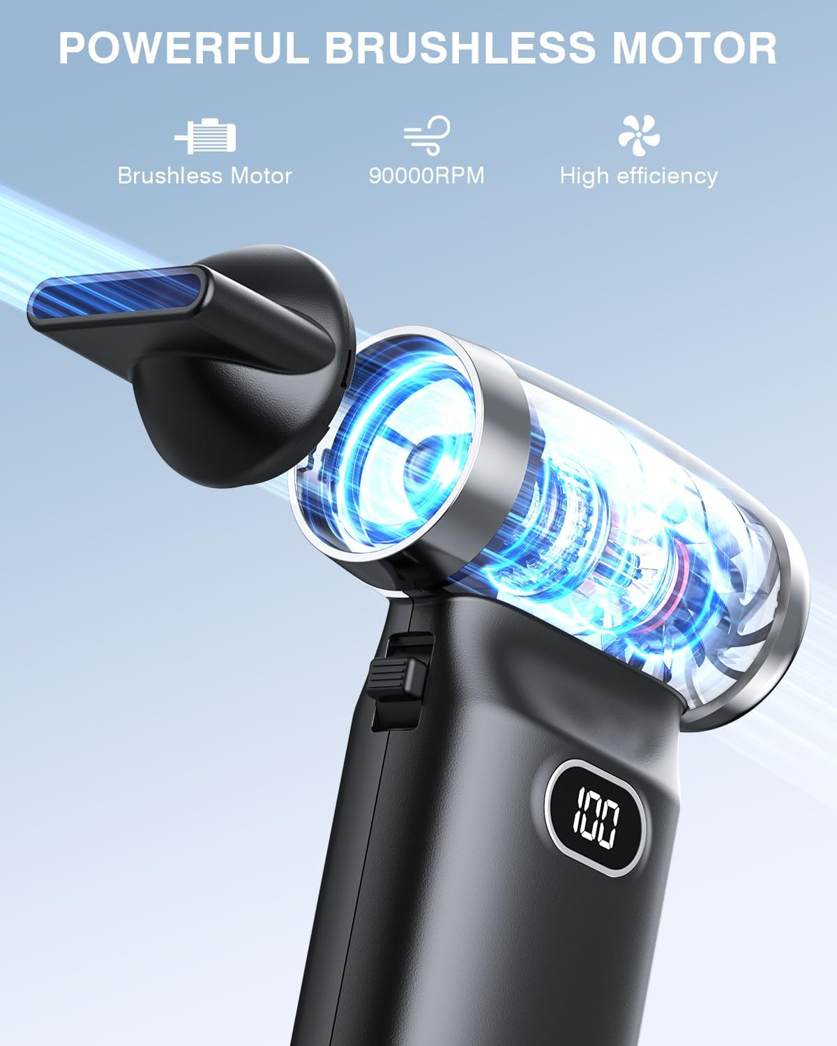Schwarzer Handstaubsauger mit klarem Zylinder, der einen blau leuchtenden Motor zeigt. Digitalanzeige zeigt 100.