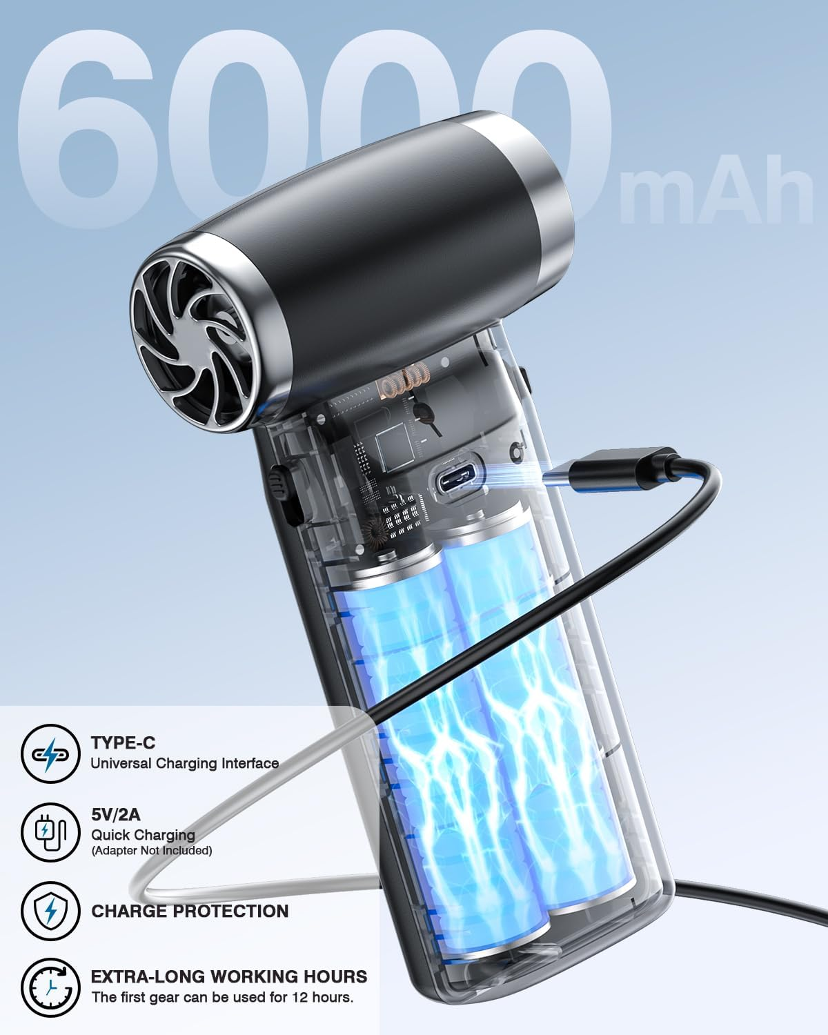 Tragbarer Trockner mit 6000mAh Akku, Typ-C-Laden, 12h Nutzung.