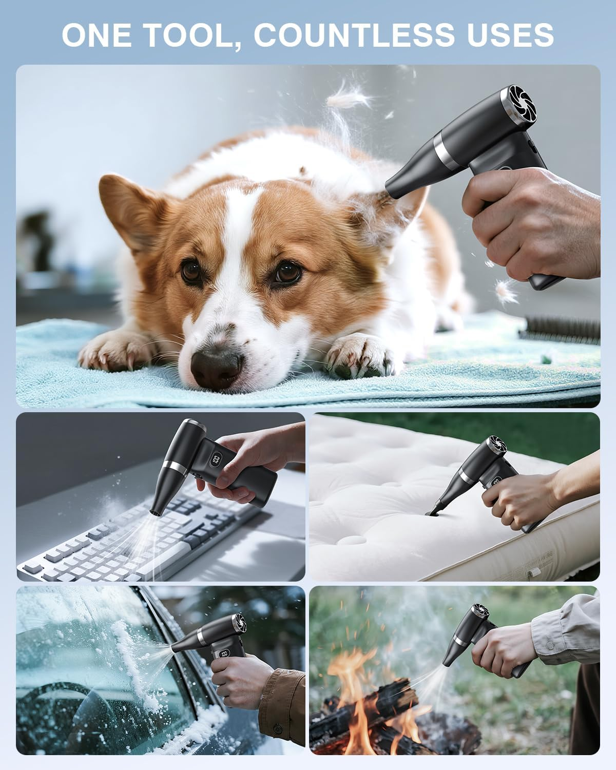 Ein Corgi-Hund wird von einem Handgebläse getrimmt. Andere Bilder zeigen die Reinigung einer Tastatur, Matratze, Windschutzscheibe und eines Lagerfeuers.
