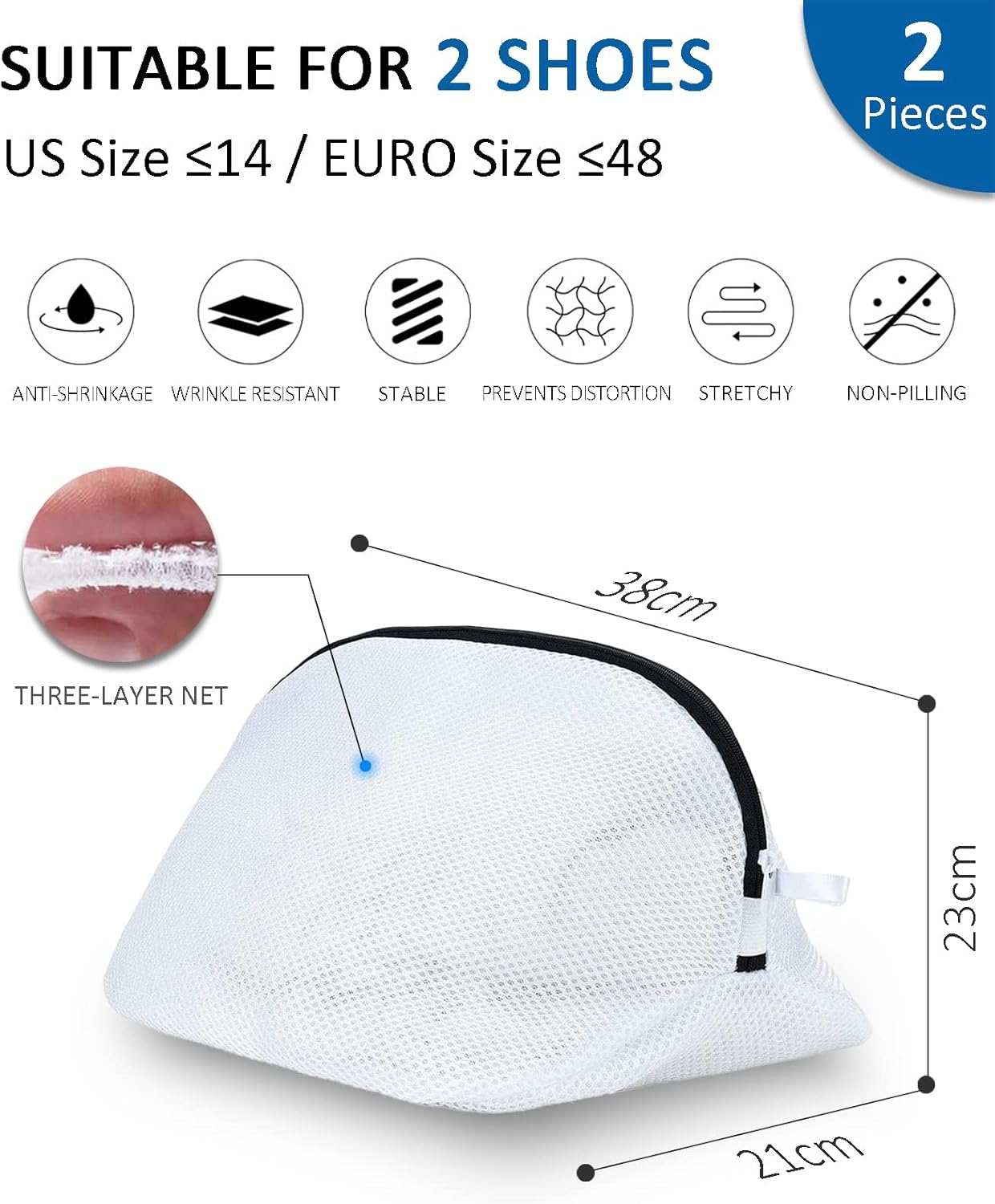 Ein weißer Netzbeutel für Schuhe mit den Maßen 38x23x21cm, geeignet für zwei Paar Schuhe.