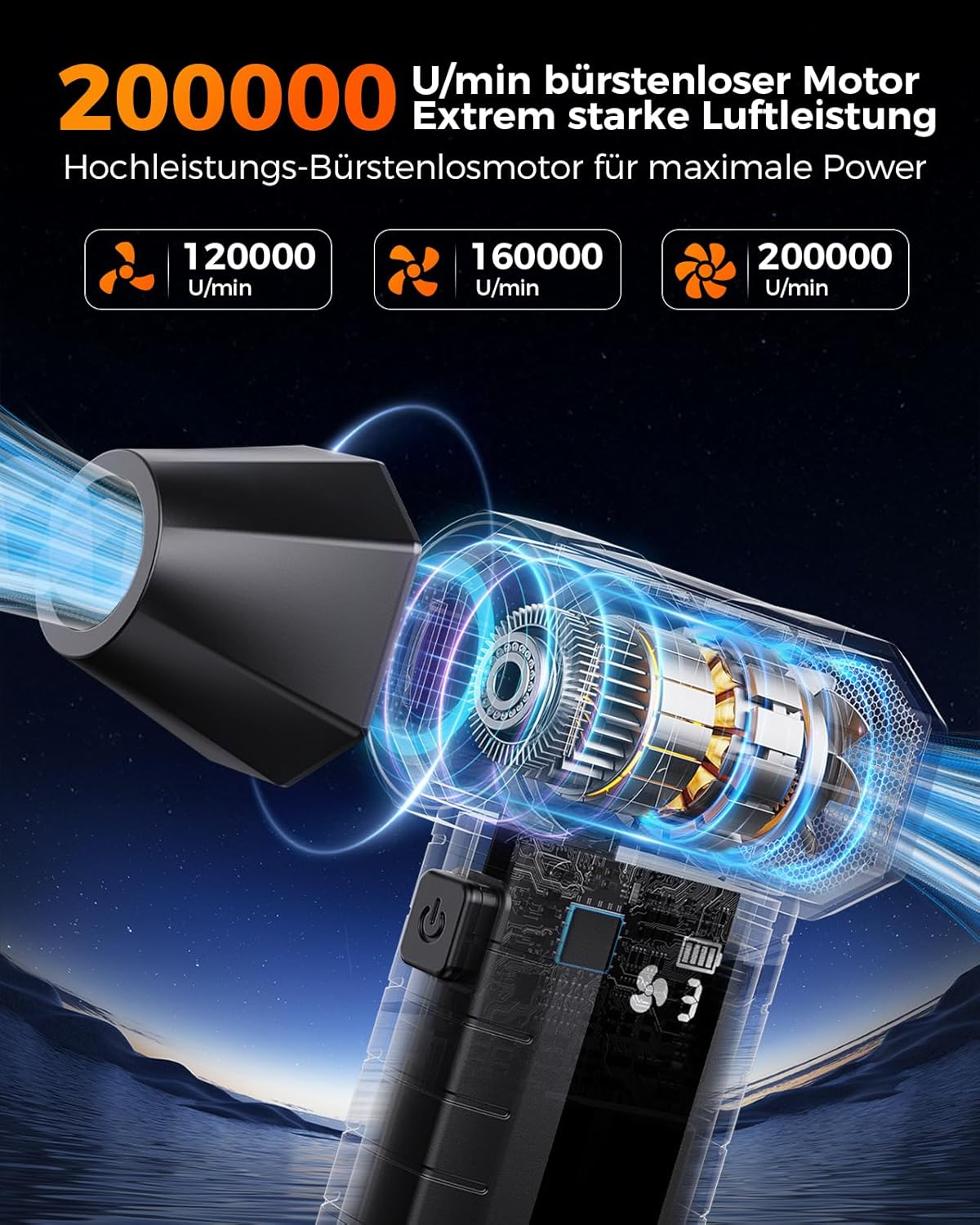 Motor mit 200.000 U/min, starke Leistung, mit verschiedenen Stufen.