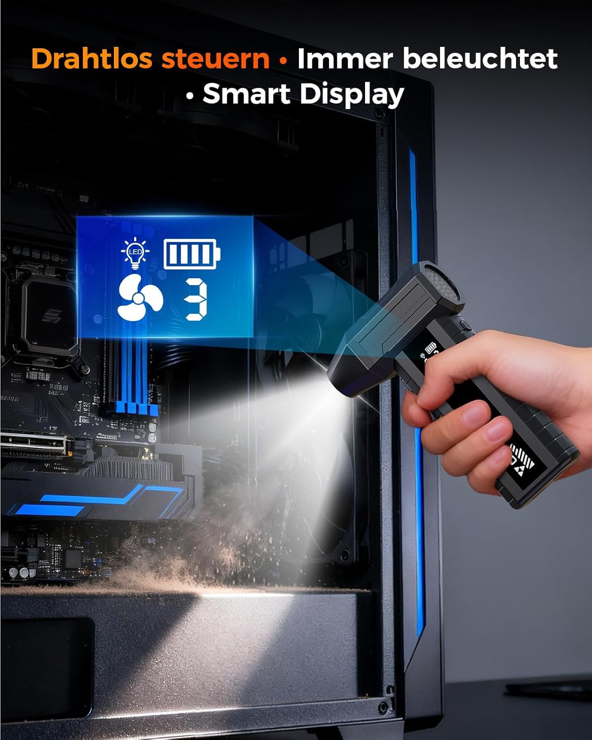 Hand hält Lüfter. Beleuchtet Staub im PC. Blaue Anzeige mit Lüfter-Symbol.