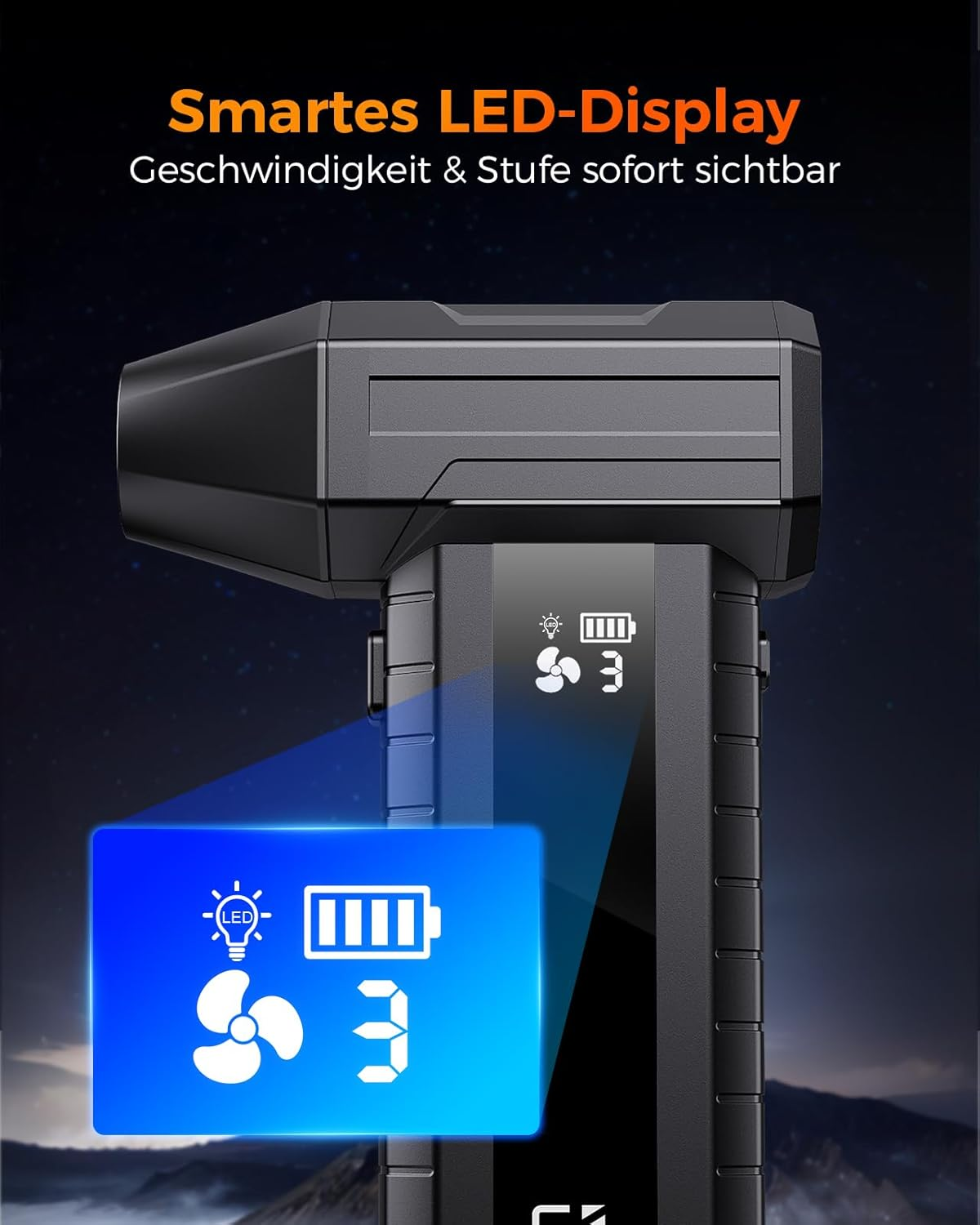 Ein schwarzes Gerät mit LED-Display zeigt Lüfter, Batterie und Stufe 3 an.