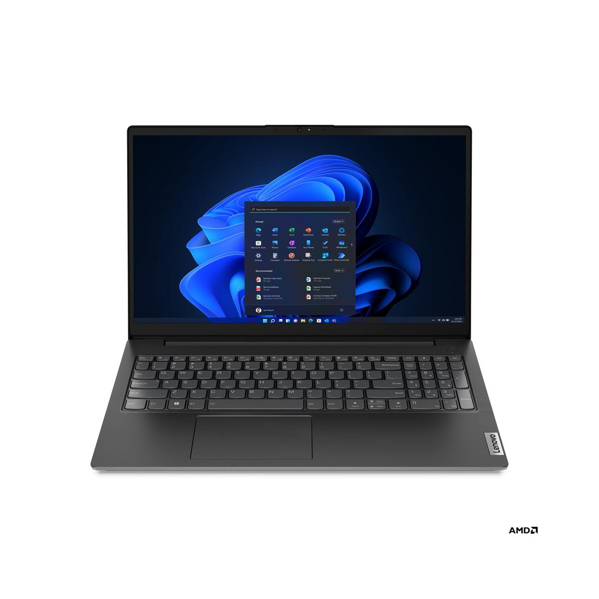 Un laptop aperto che mostra uno sfondo scuro e il menu Start di Windows 11.