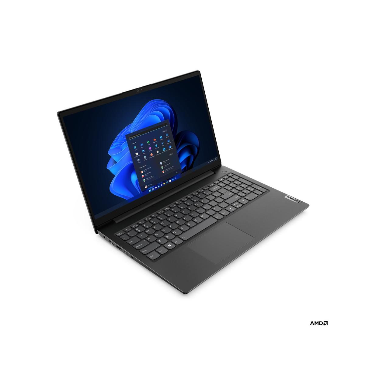 Un laptop Lenovo nero è aperto, mostra l'interfaccia di Windows 11 sul suo schermo. Il logo AMD è visibile.