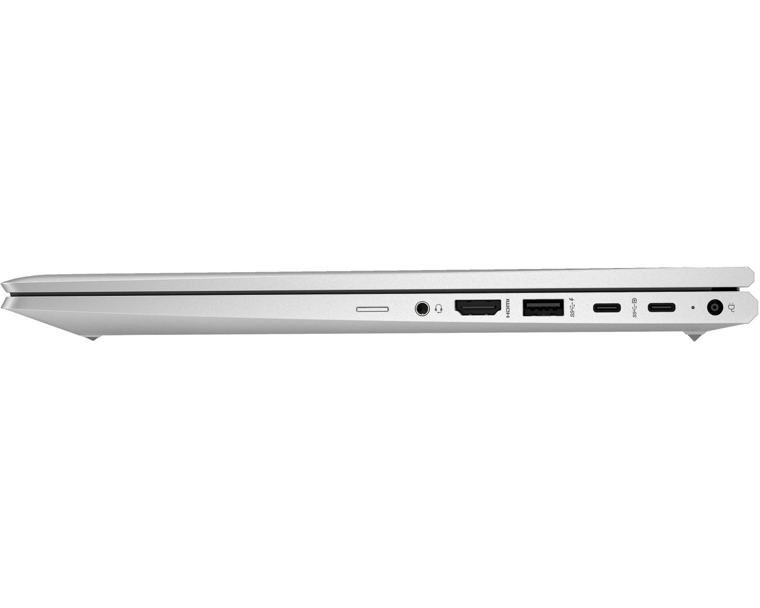 Profilo laptop argento con porte: cuffie, HDMI, USB-A, due USB-C, alimentatore.