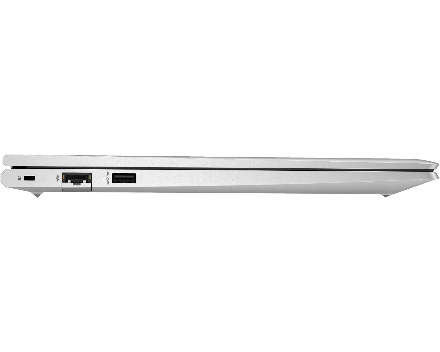 Vista laterale di un laptop argento, con porte USB-C, Ethernet e USB-A.