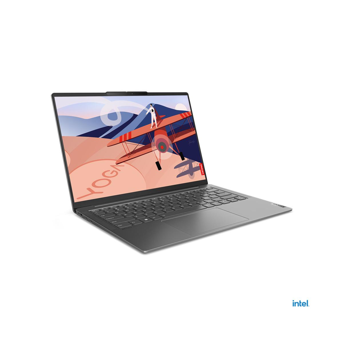Un laptop Lenovo Yoga mostra un'illustrazione di un biplano che vola su montagne stilizzate.
