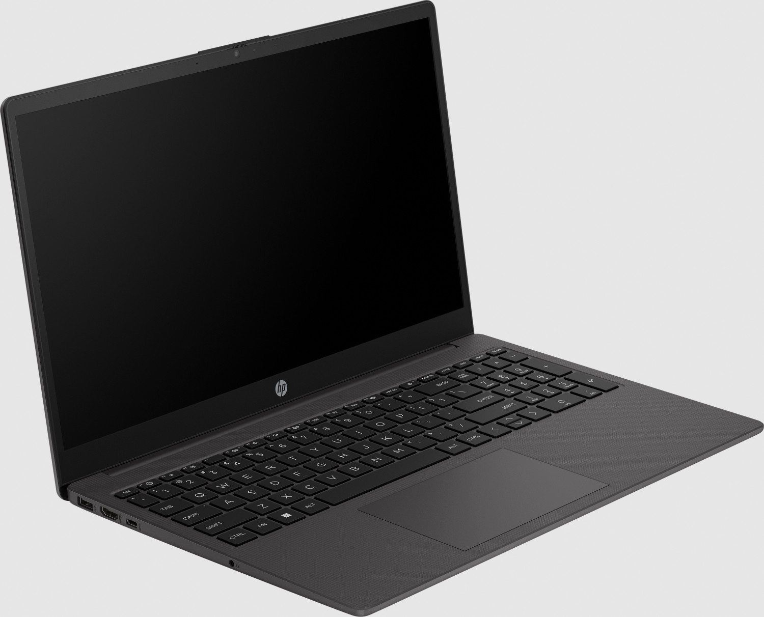 Un laptop HP scuro con schermo e tastiera aperti su sfondo grigio chiaro.