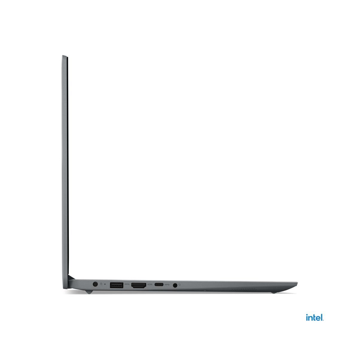 Laptop grigio di lato che mostra le porte. Logo Intel in basso a destra.