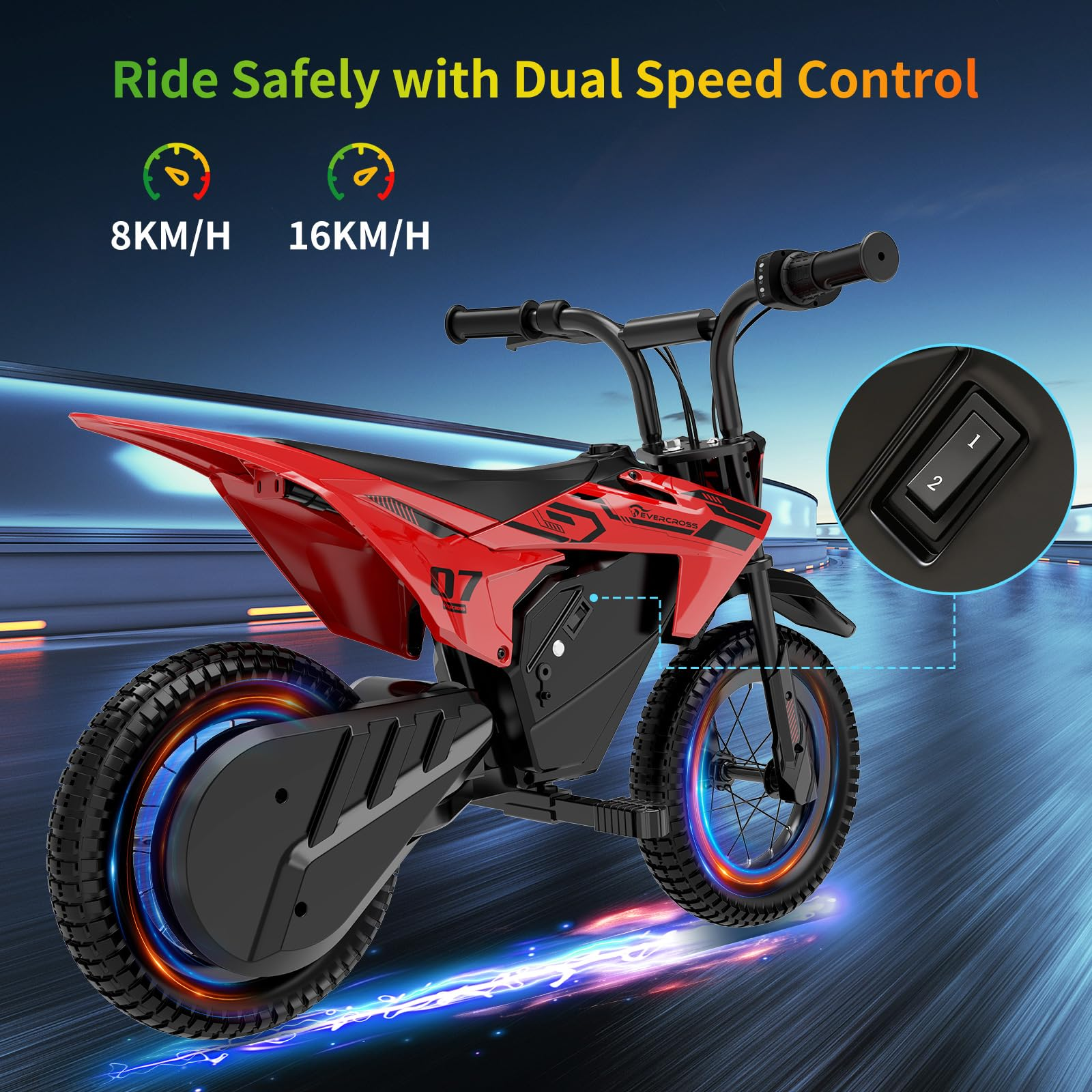 A red electric motorcycle with glowing wheels on a blue racetrack.