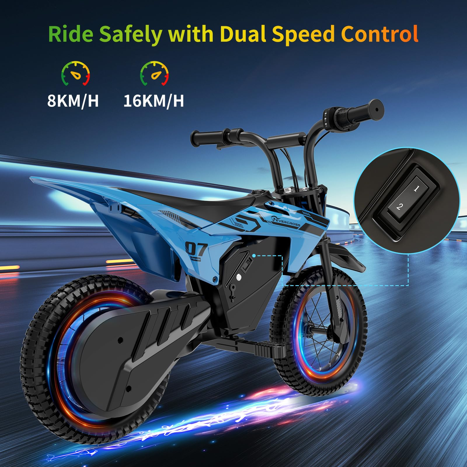 A blue electric motorcycle with "07" and "EVERCROSS" graphics, showing dual speeds.