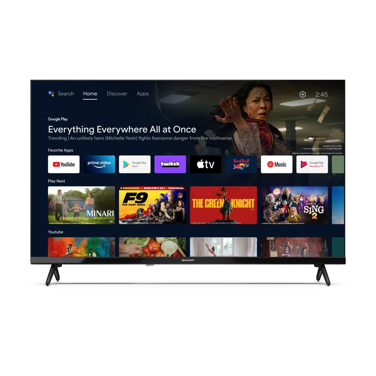 Ein Fernseher zeigt den Startbildschirm mit Apps wie YouTube, Prime Video und Filmen.