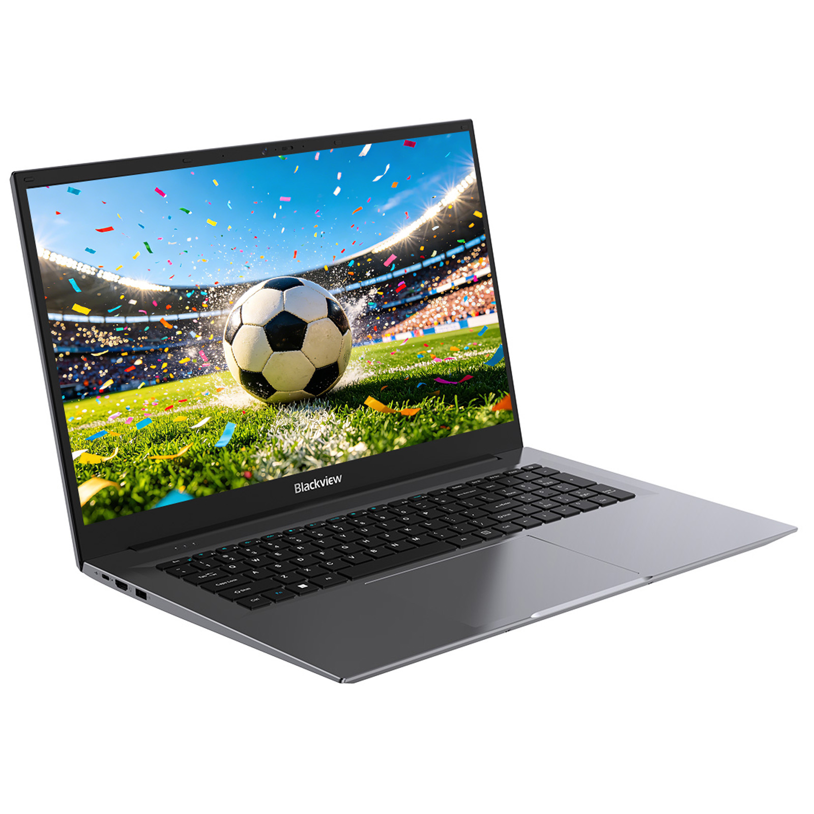 Laptop with a soccer game on screen, in a stadium with confetti.