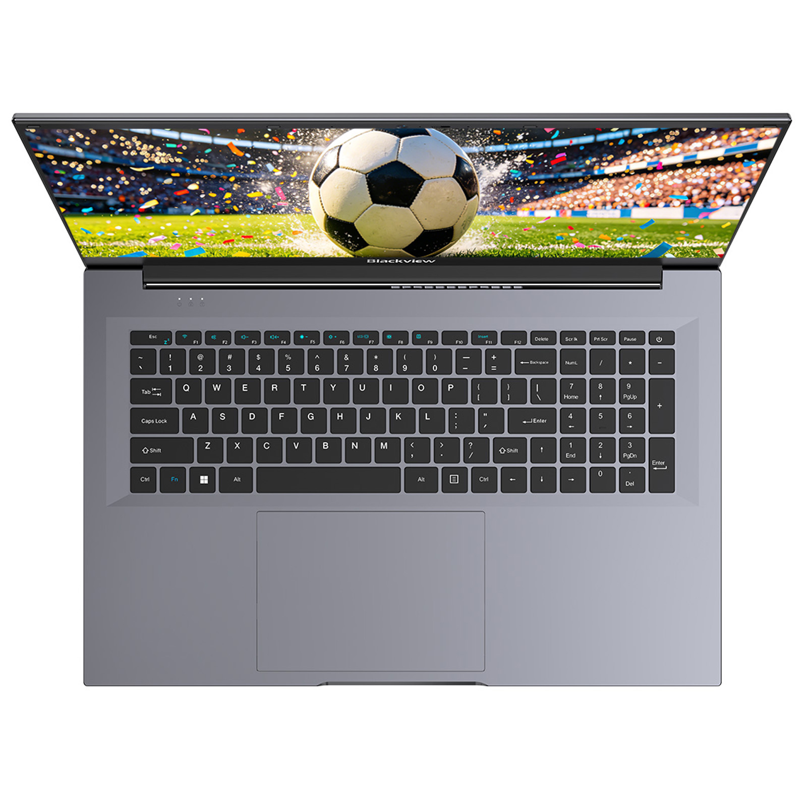 A laptop displaying a soccer game on screen, with colorful confetti.