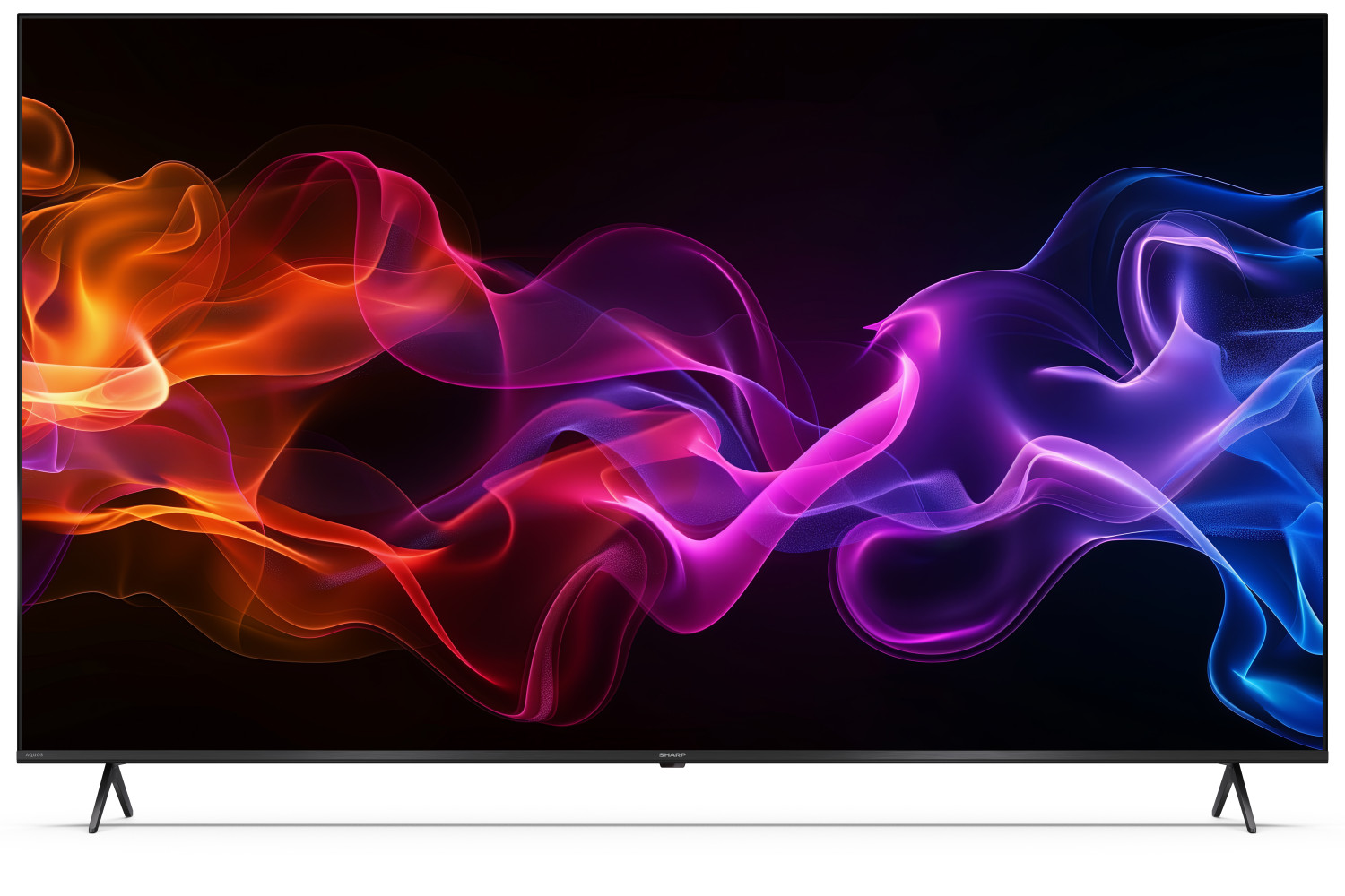 Un téléviseur moderne affiche un motif abstrait de formes de fumée ou de flammes fluides et lumineuses orange, rose et bleu.
