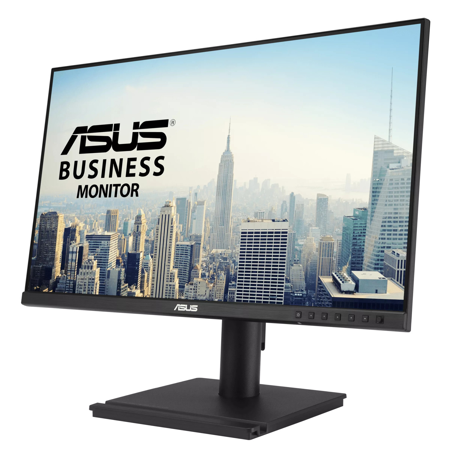 Een zwarte ASUS Business monitor toont een stadsgezicht.