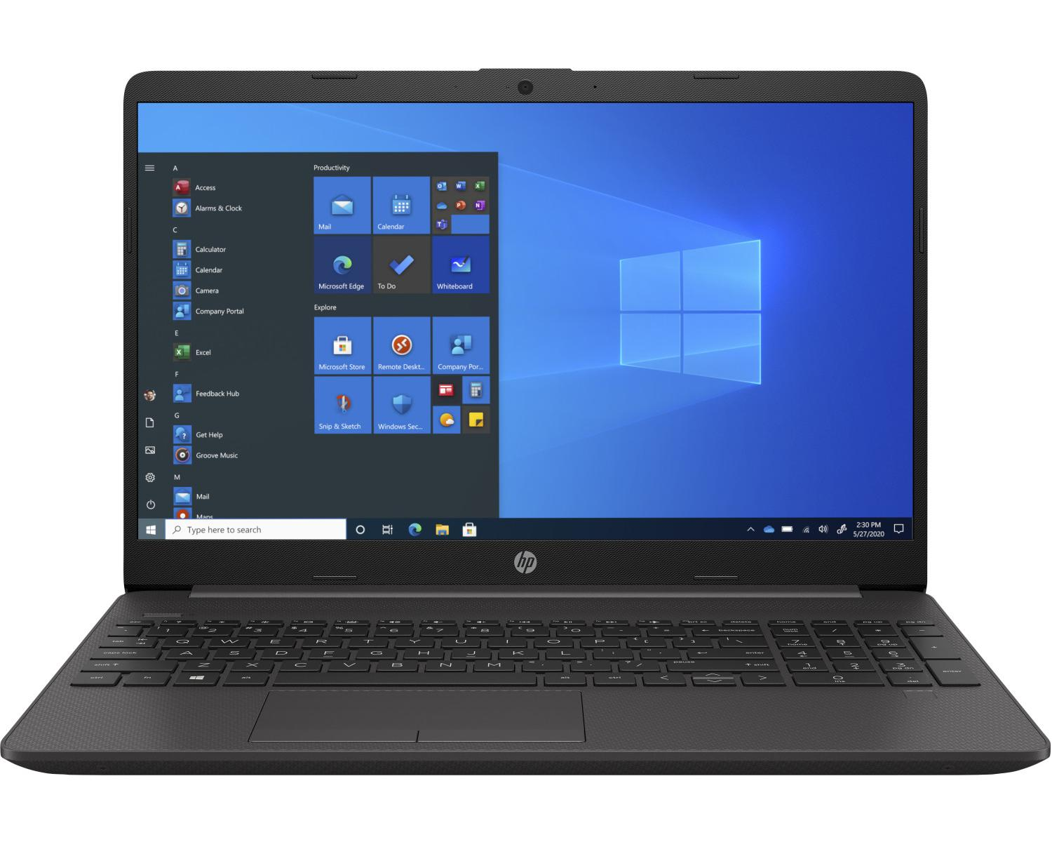 Laptop HP aperto che mostra il menu Start di Windows 10 con riquadri app e barra.