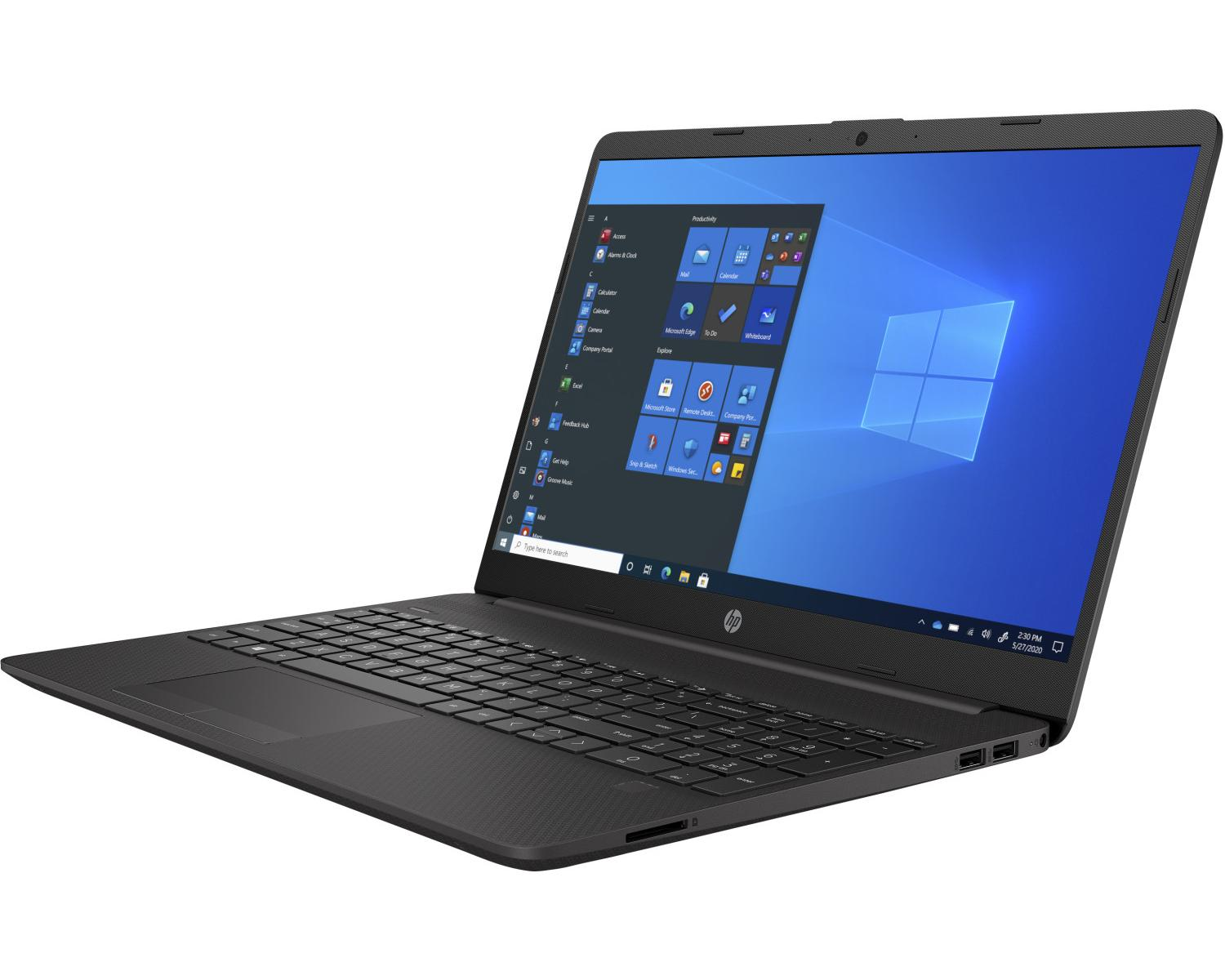 Laptop nero con schermo aperto che mostra il menu di Windows e tastiera.