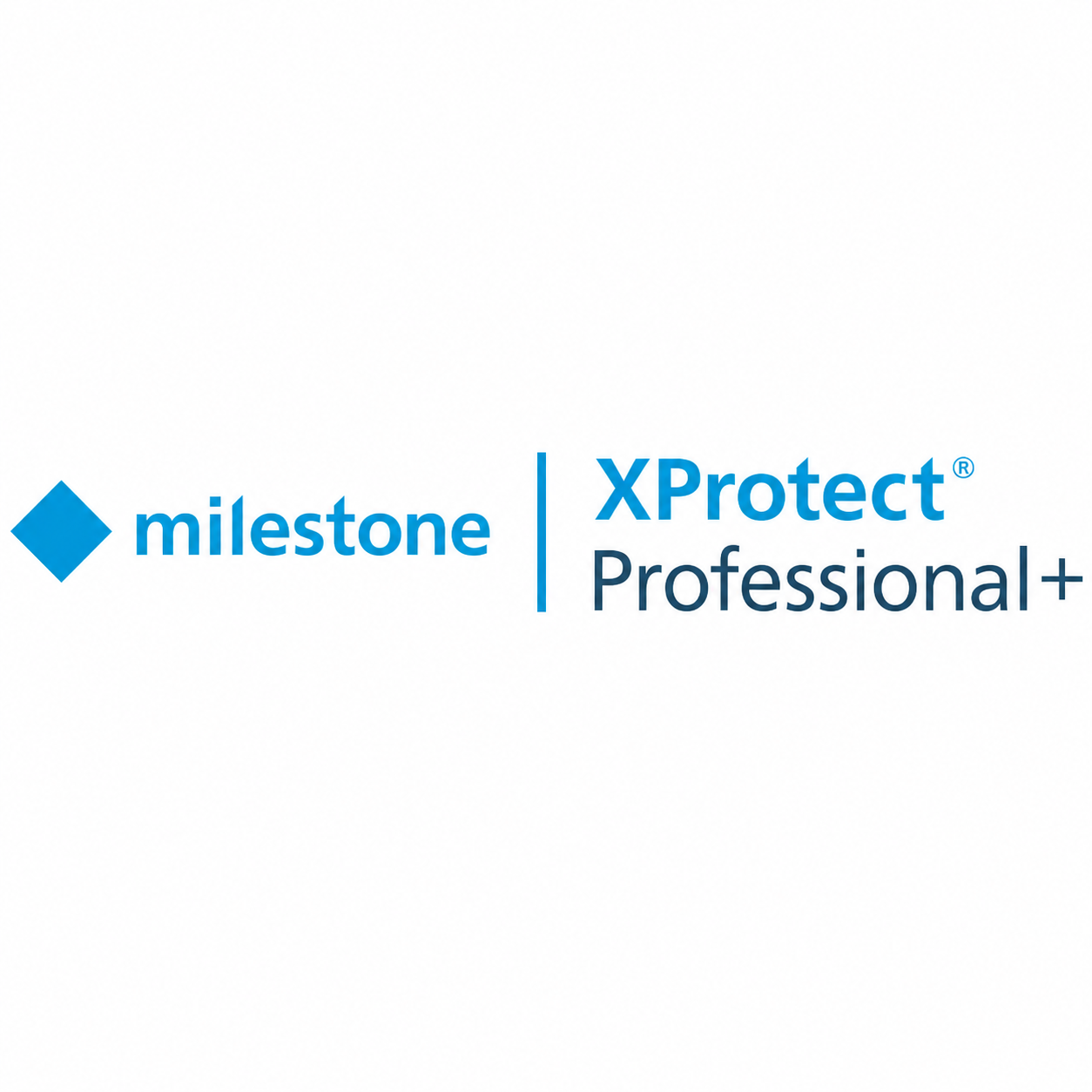 Logo Milestone XProtect Professional+ con simbolo di diamante blu.