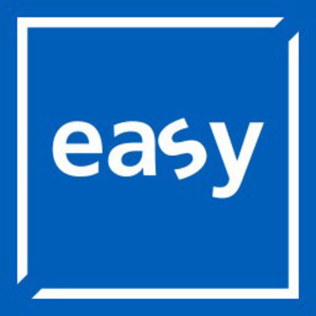 La parola 'easy' in bianco su sfondo blu, incorniciata da un quadrato bianco.