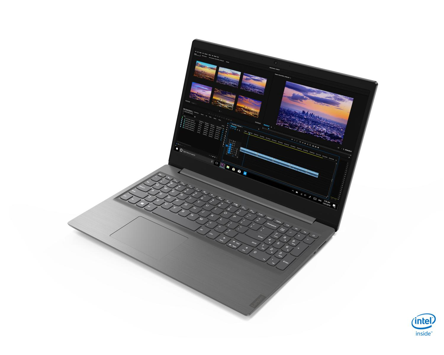 Laptop grigio con schermo aperto che mostra software di editing video.