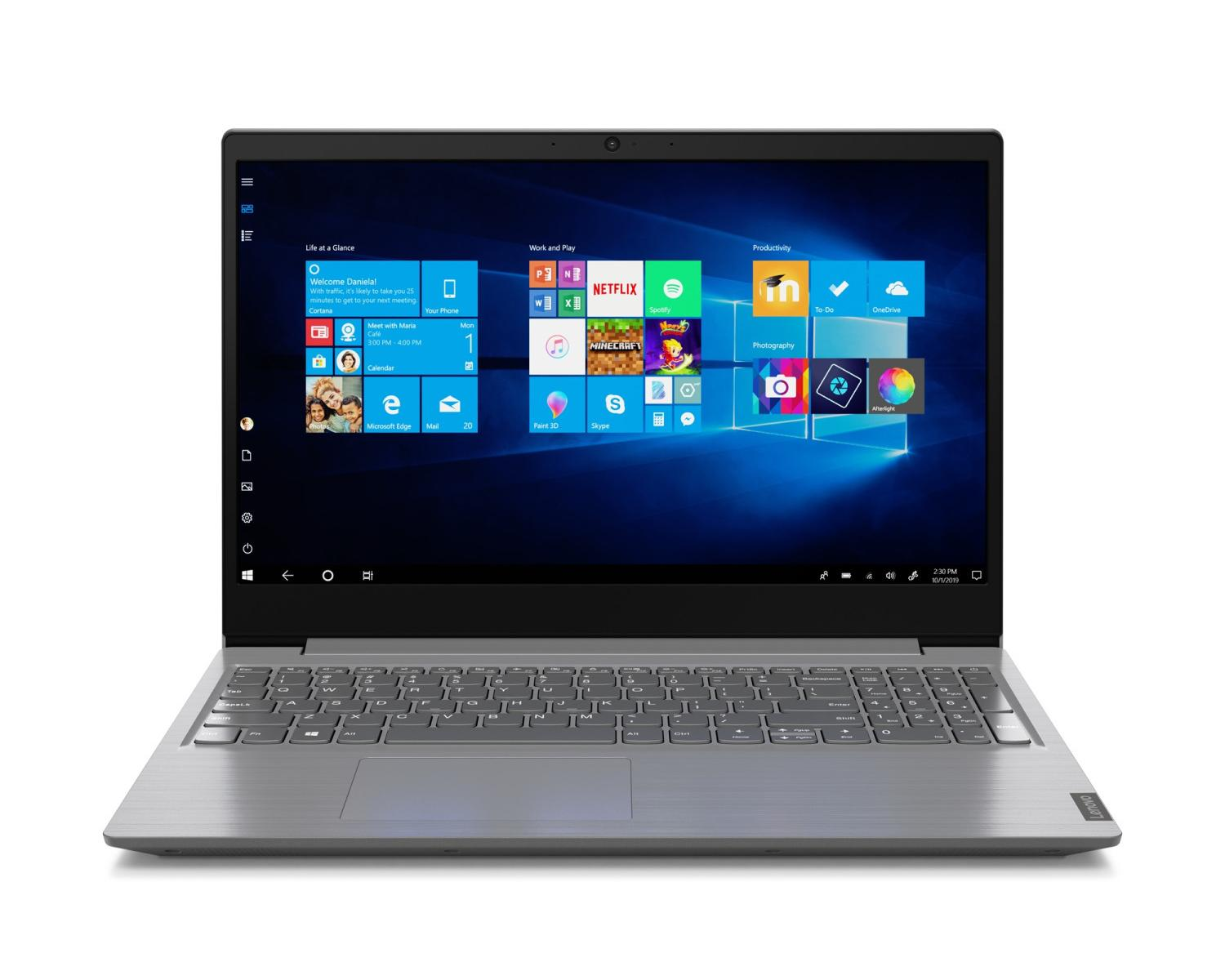 Un laptop Lenovo argentato mostra un menu Start di Windows 10 con varie icone di app.