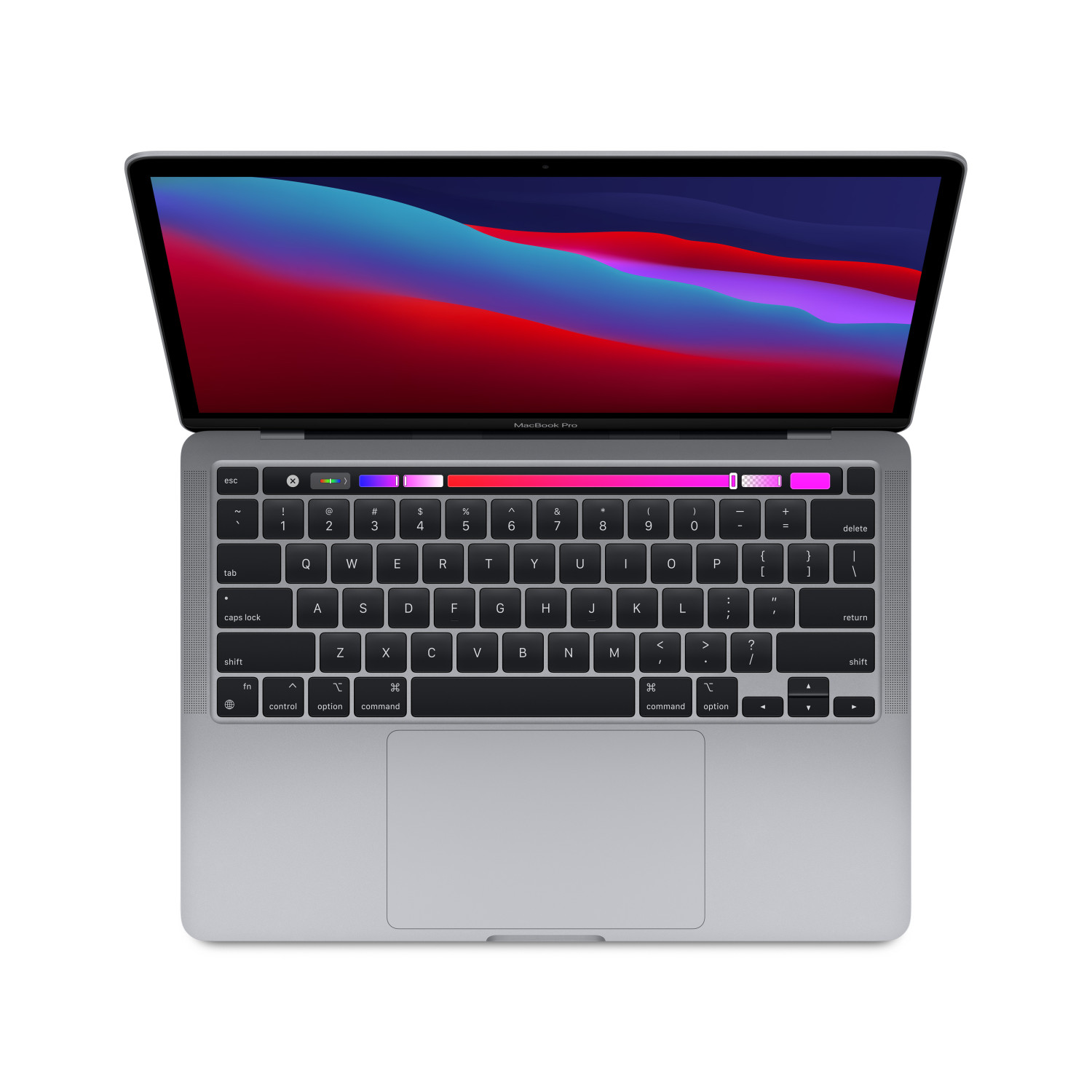 Un MacBook Pro argentato con lo schermo aperto, che mostra uno sfondo astratto colorato.