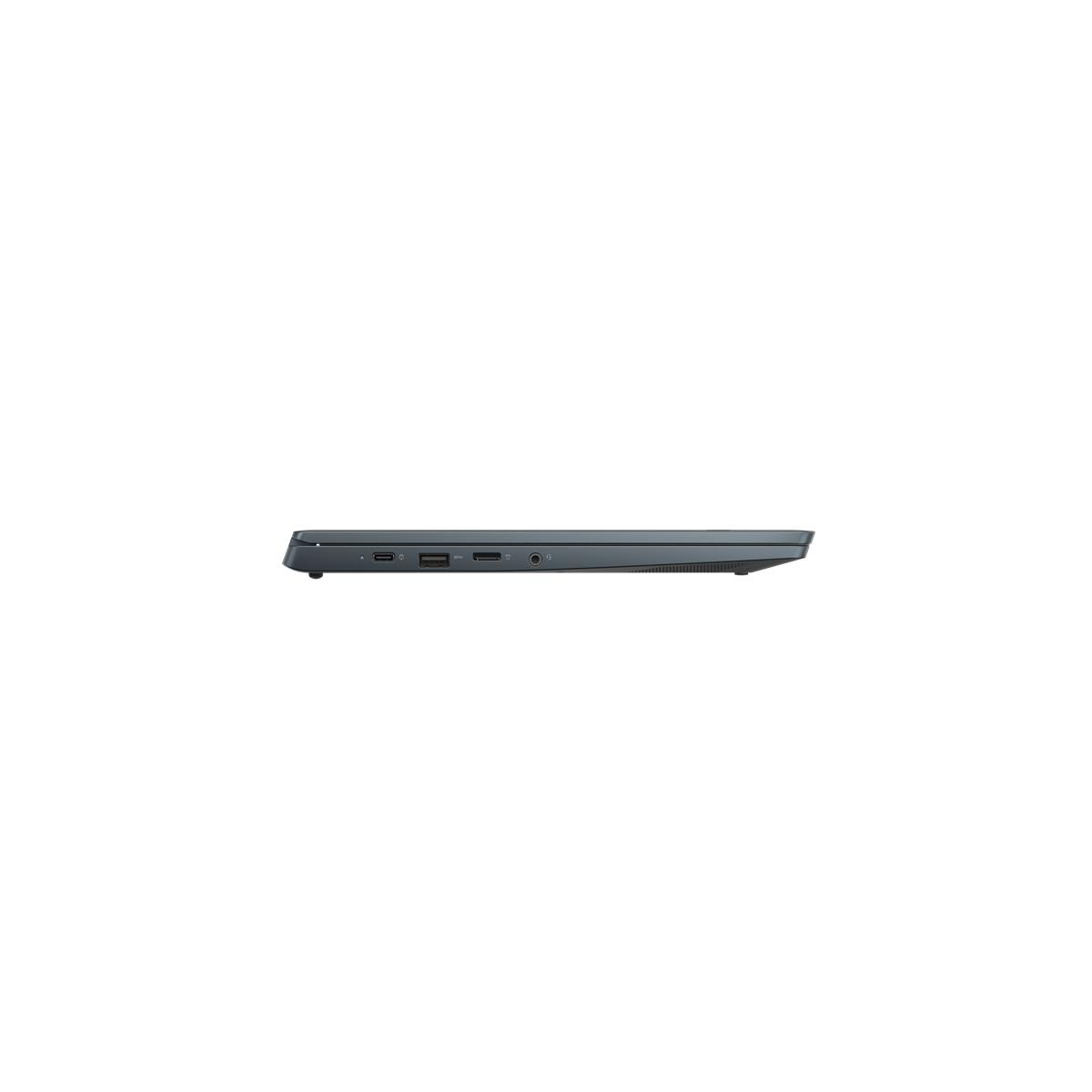 Vista laterale di un laptop grigio scuro, con porte USB, HDMI e audio.