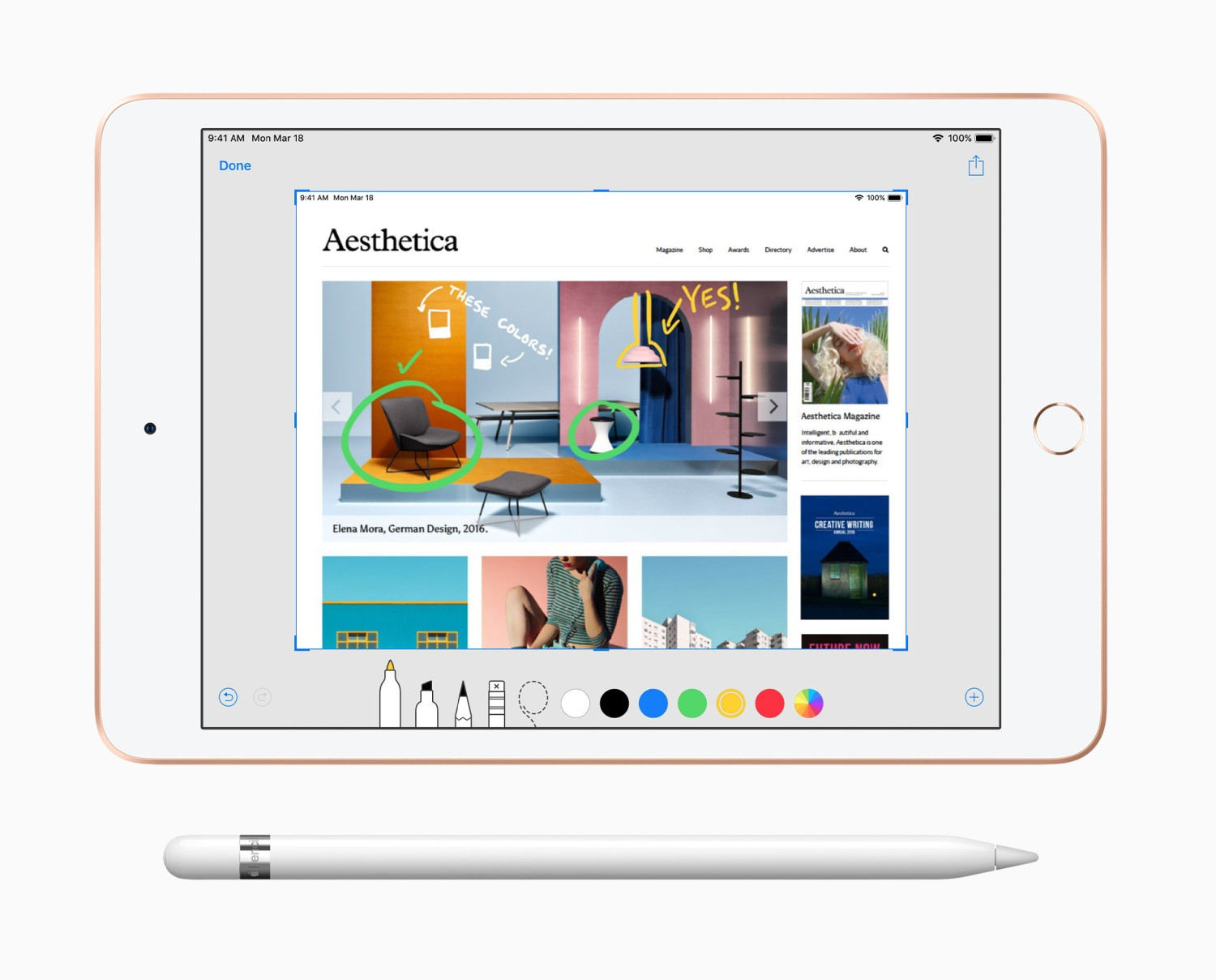 Un iPad mostra una pagina web con annotazioni disegnate da uno stilo.