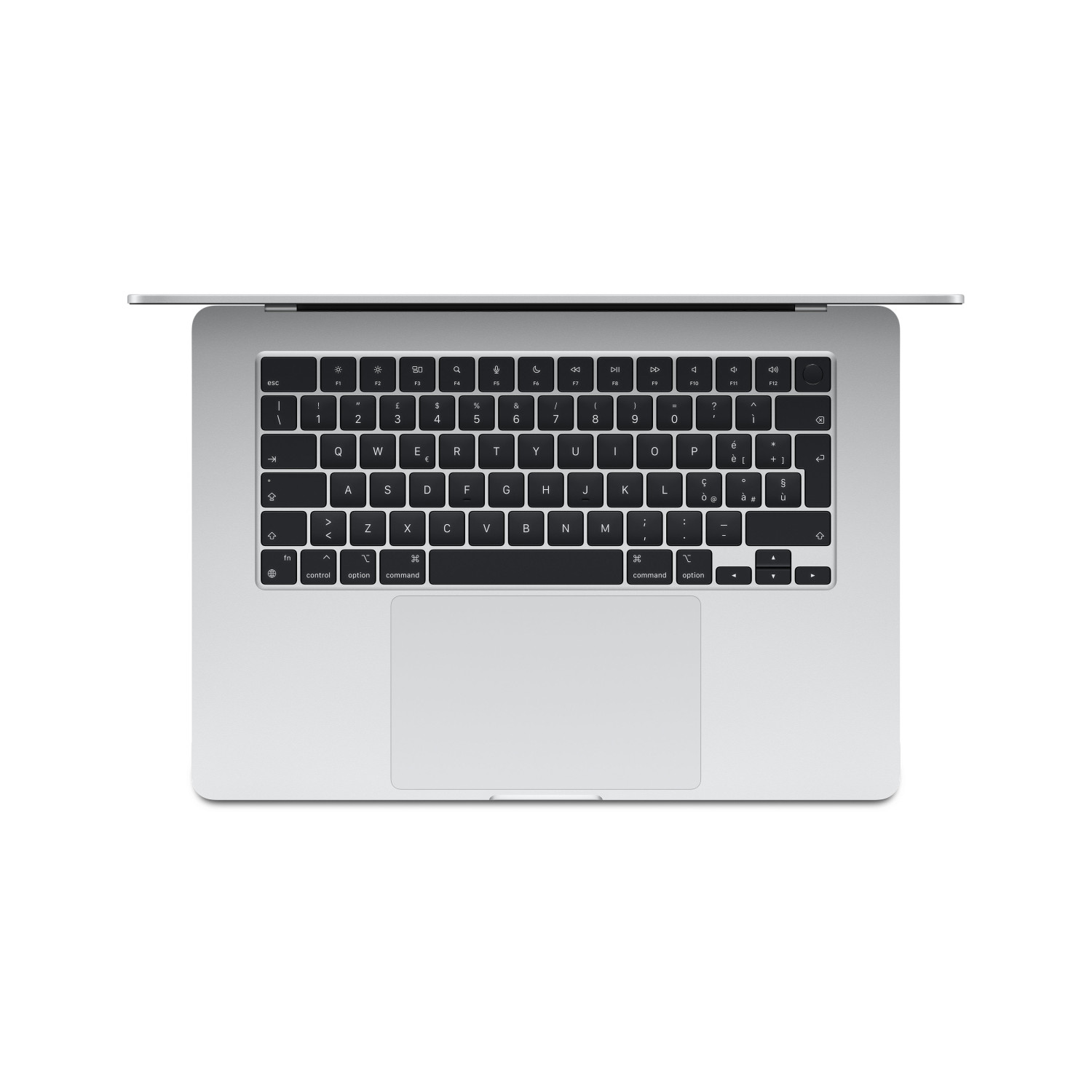 Un laptop argentato, visto dall'alto, con il coperchio aperto, che mostra la tastiera.