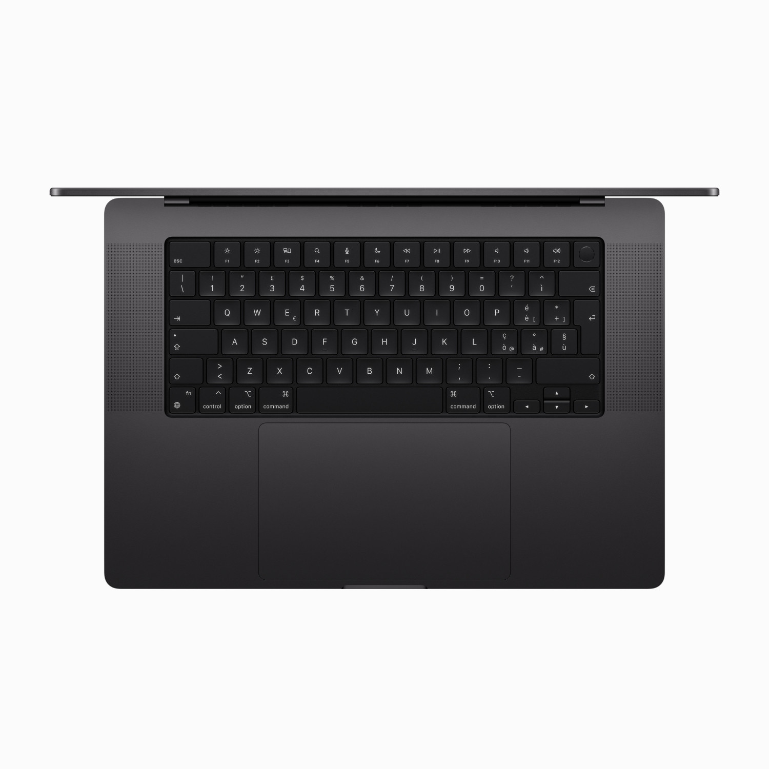 Un laptop scuro con lo schermo aperto, che rivela una tastiera retroilluminata.