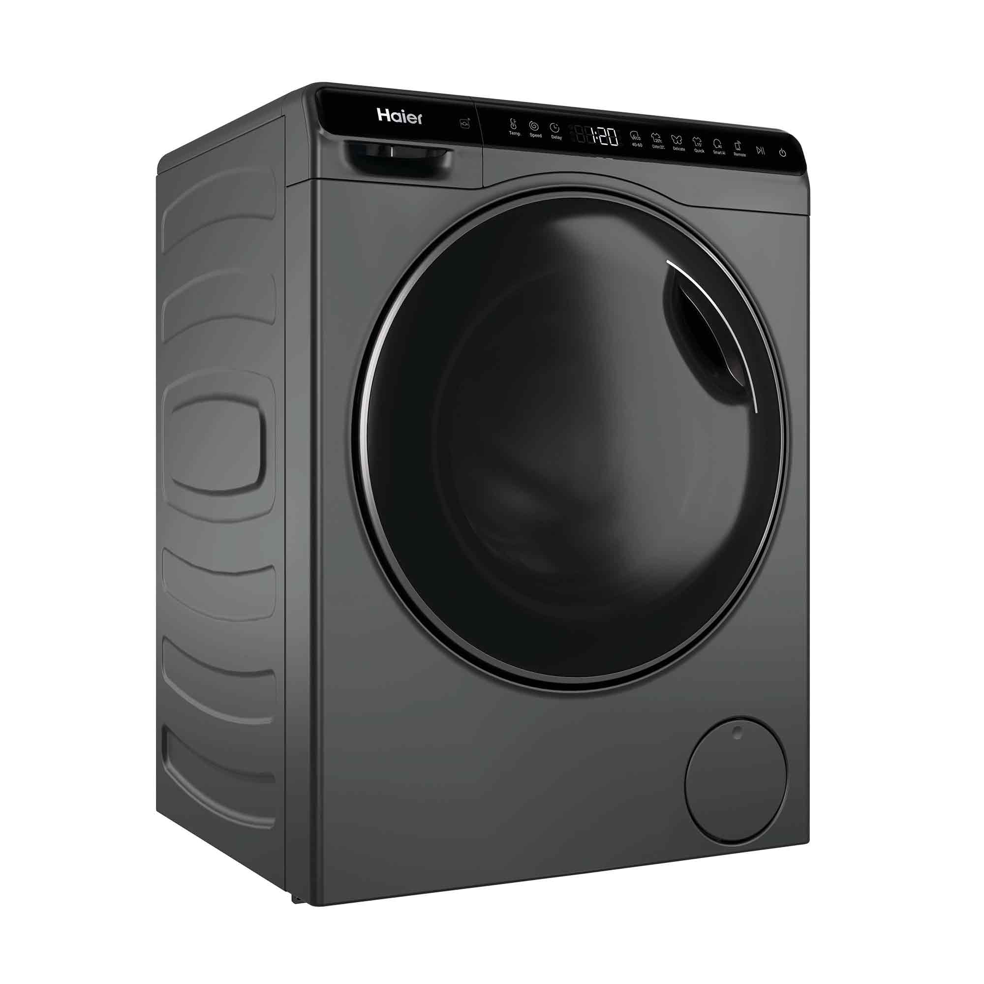 Eine graue Haier-Waschmaschine mit einem digitalen Display und runder Tür.