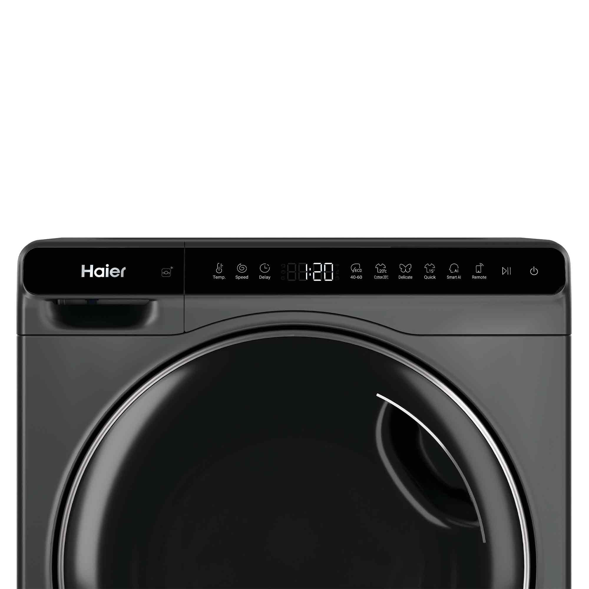 Graue Haier Waschmaschine mit schwarzer Tür und digitalem Bedienfeld.