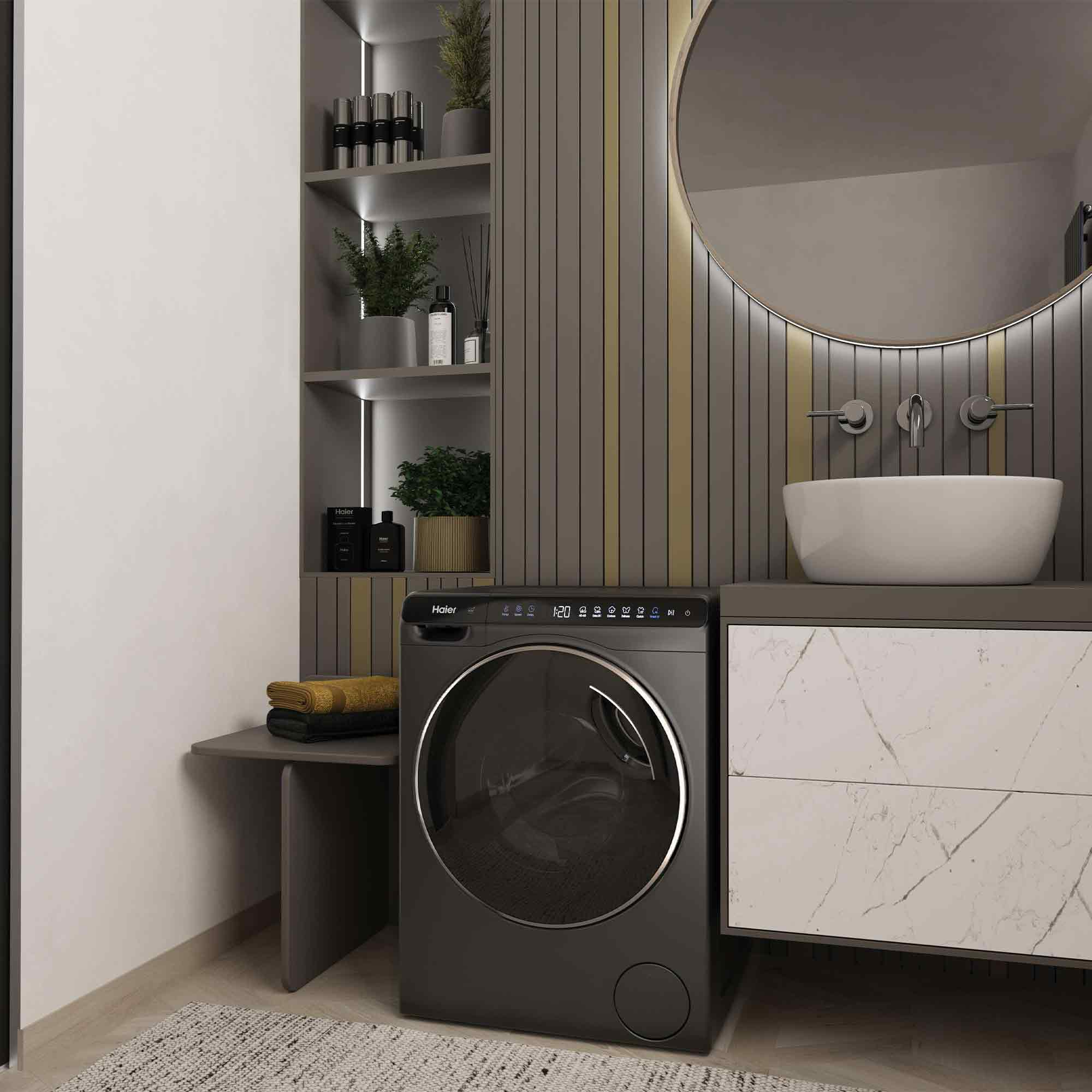 Modernes Waschküchenzimmer mit dunkelgrauer Waschmaschine, weißem Aufsatzwaschbecken, Marmorwaschtisch und Regalen.