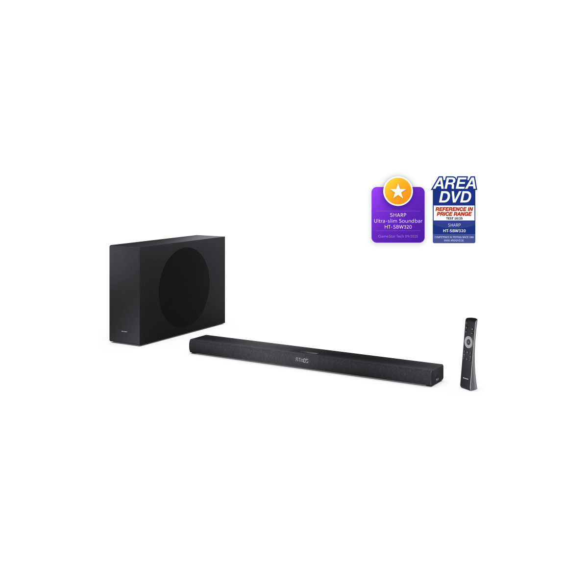 Una soundbar, subwoofer e telecomando Sharp neri su sfondo bianco.