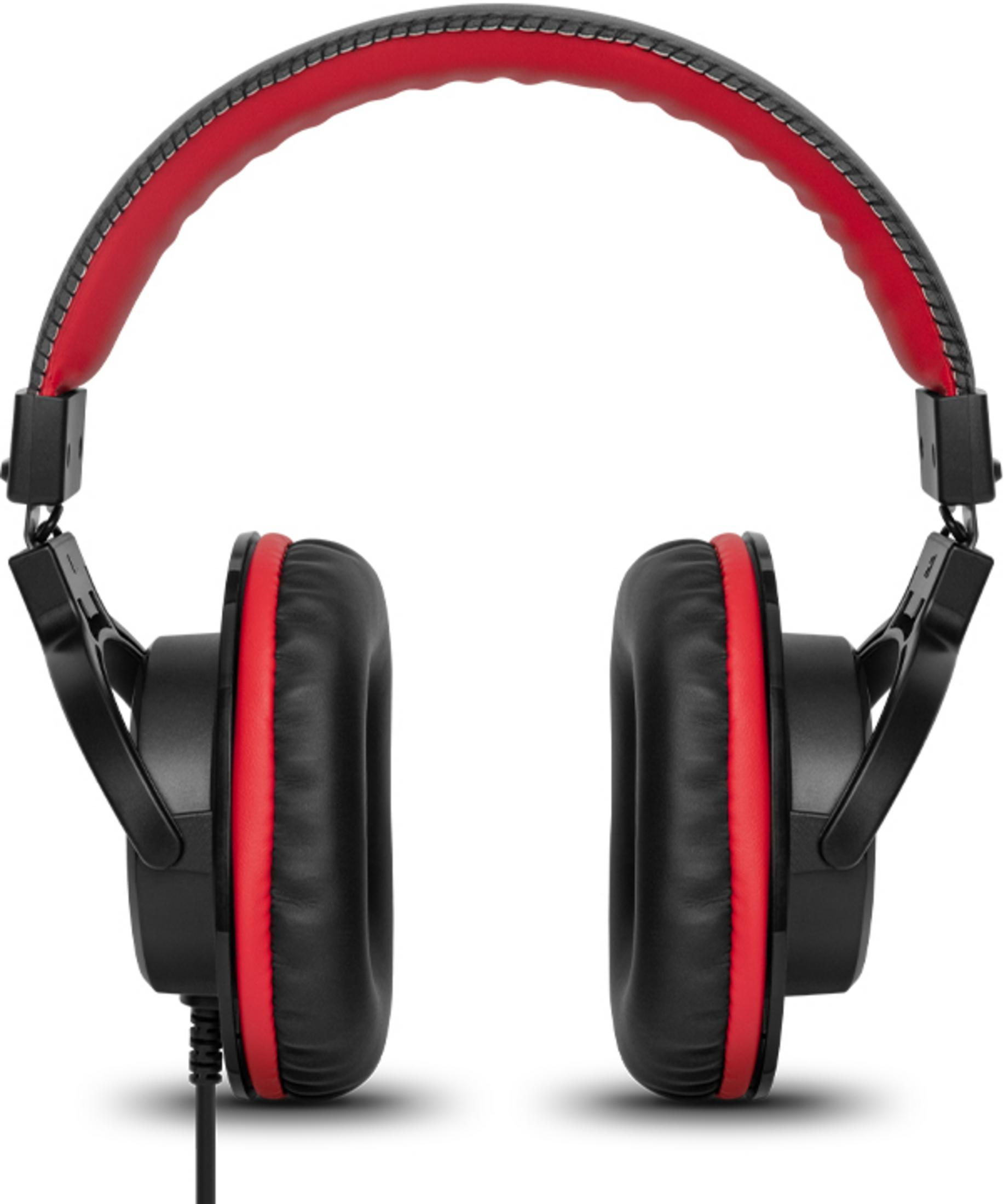 Casque noir avec rembourrage et serre-tête rouges, isolé sur fond blanc.