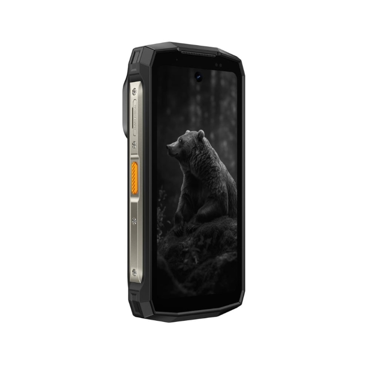 Telefono robusto con orso sullo schermo, pulsanti laterali.