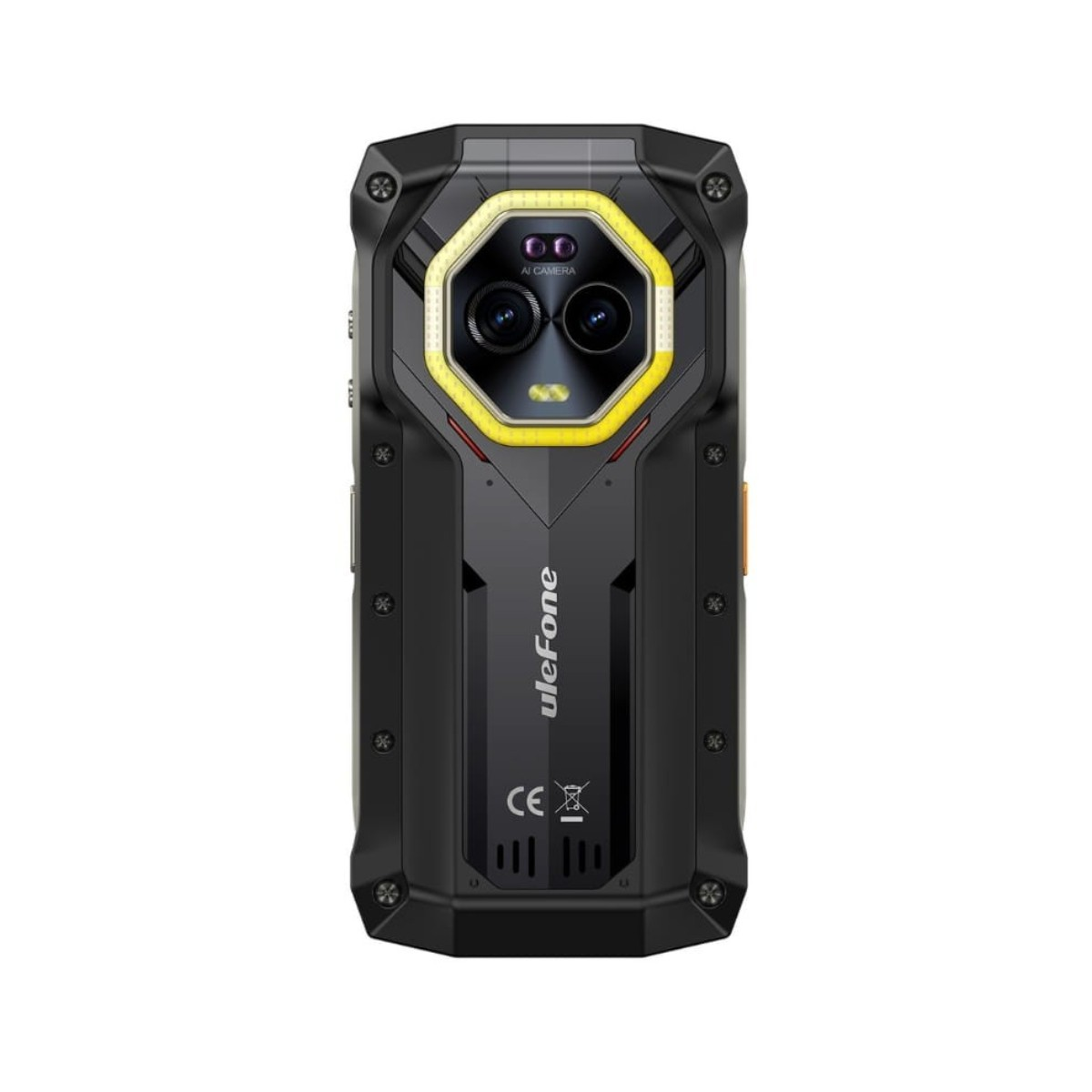 Retro di un robusto telefono nero con doppia fotocamera e accento giallo.