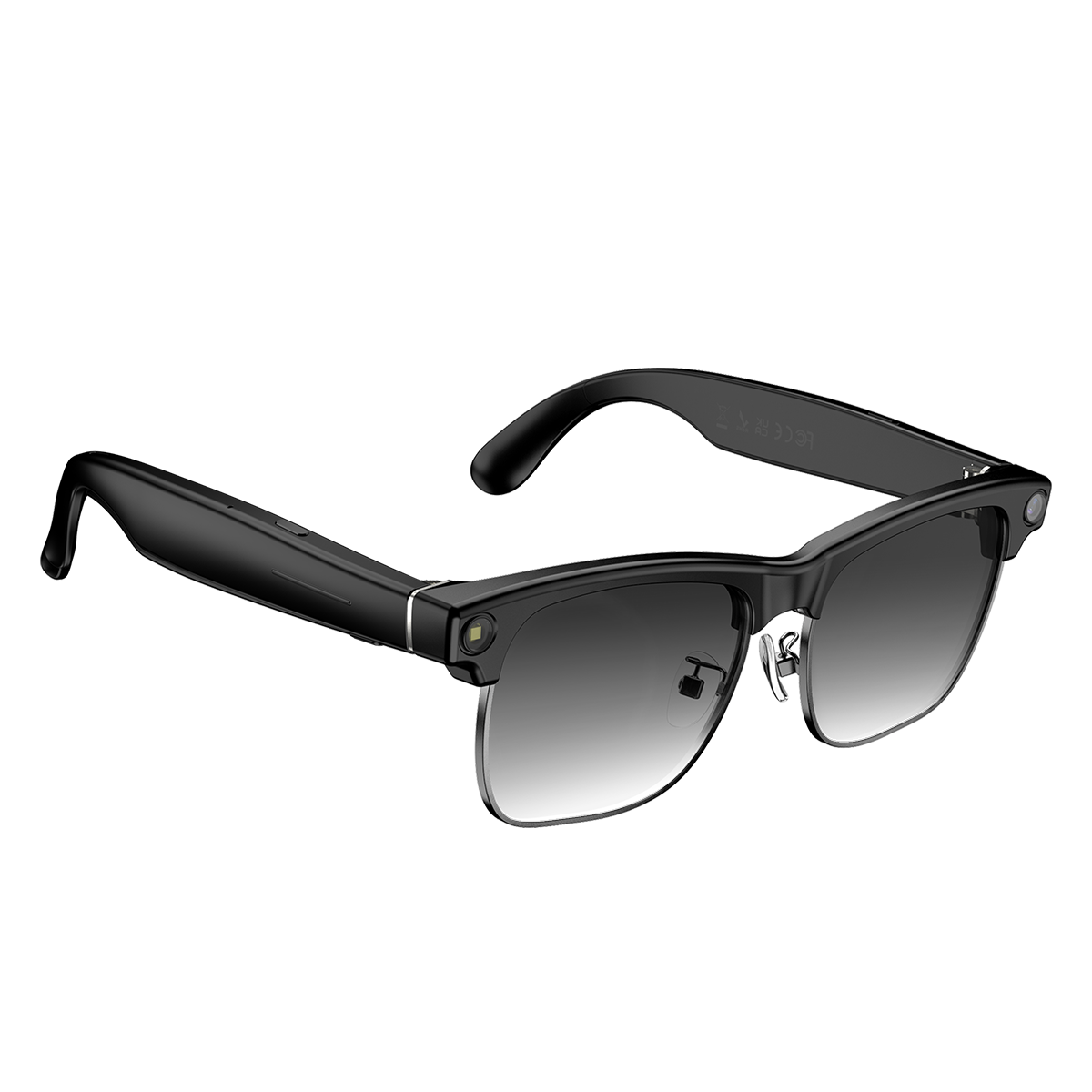 Schwarze Smart-Brille mit silbernen Akzenten und Verlaufsgläsern. Kamera am Rahmen.