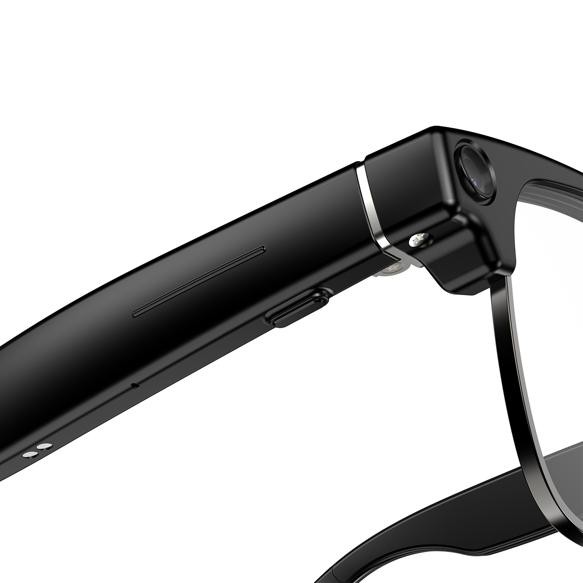 Nahaufnahme einer schwarzen Brille mit einem Objektiv und einem Knopf.