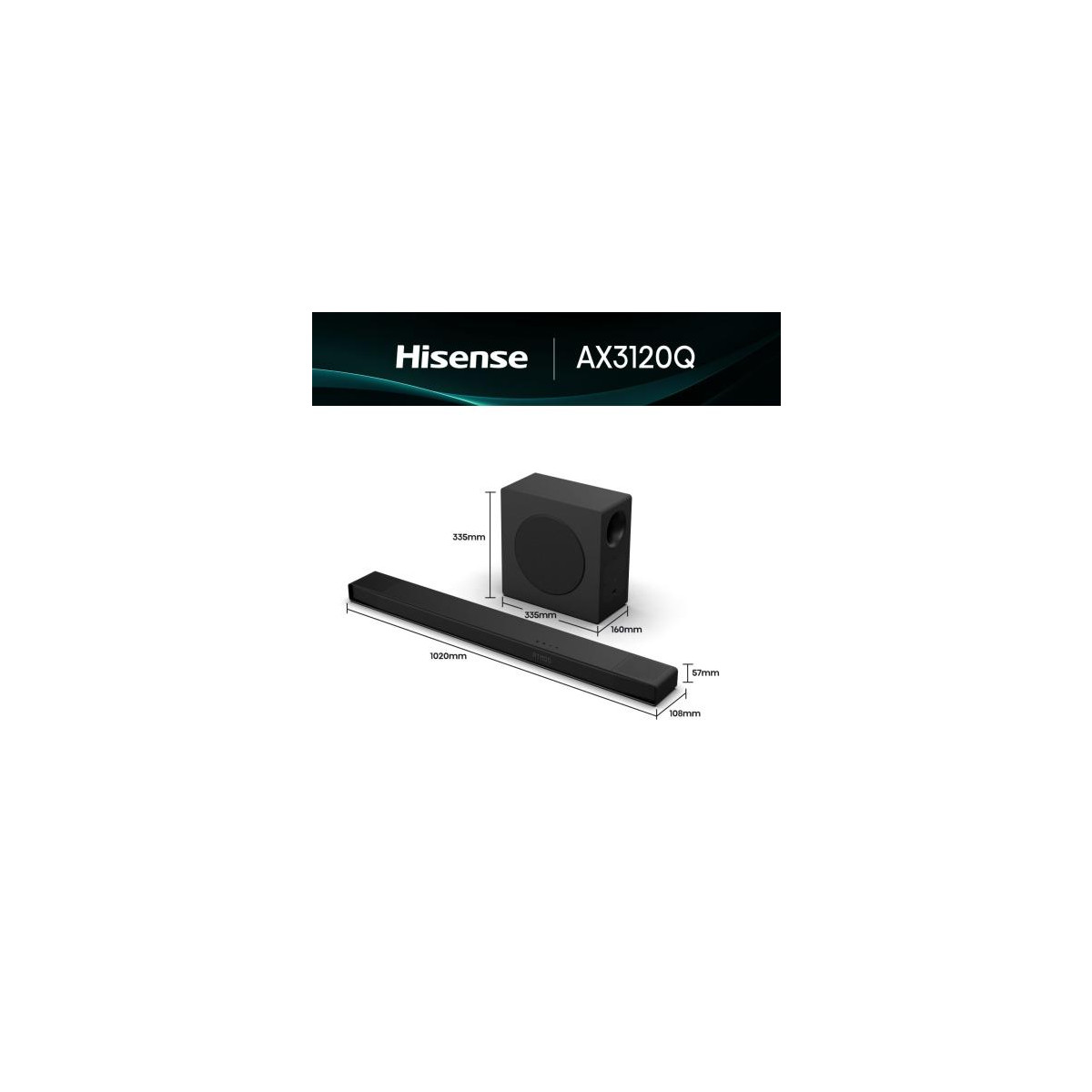 Barre de son et caisson de basses Hisense AX3120Q avec dimensions.
