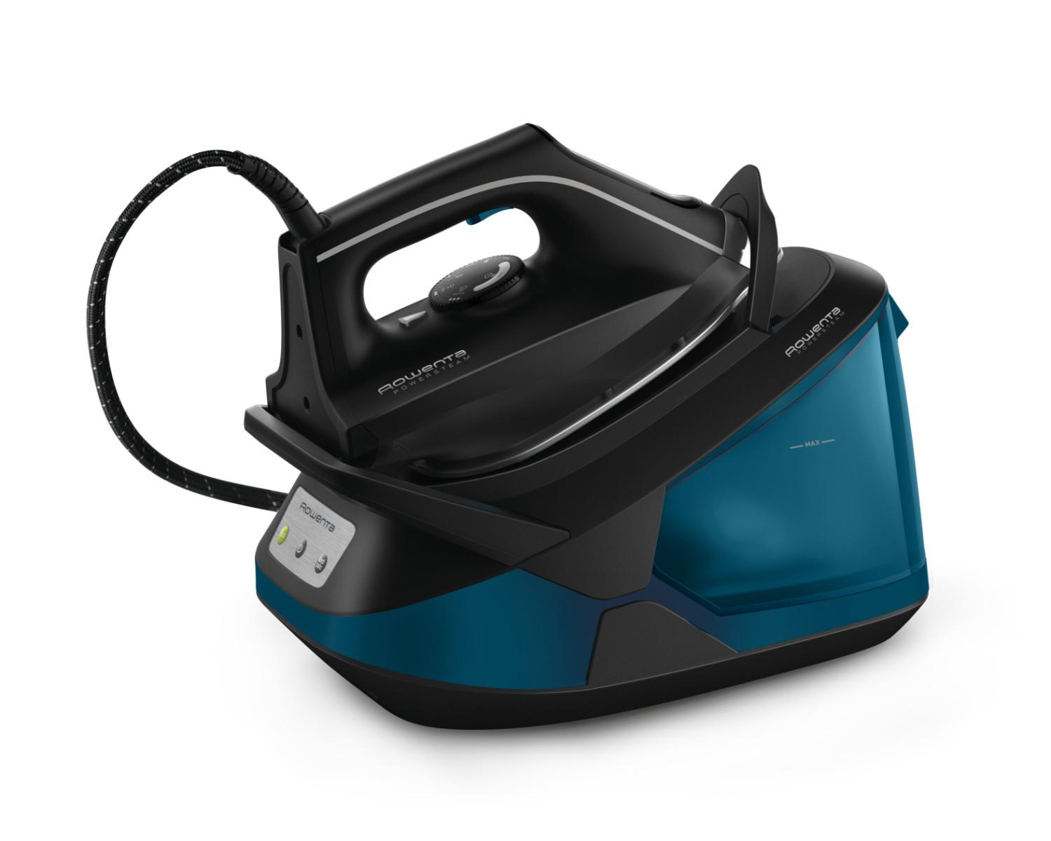 Una plancha generadora de vapor Rowenta negra y azul con depósito de agua azul transparente.