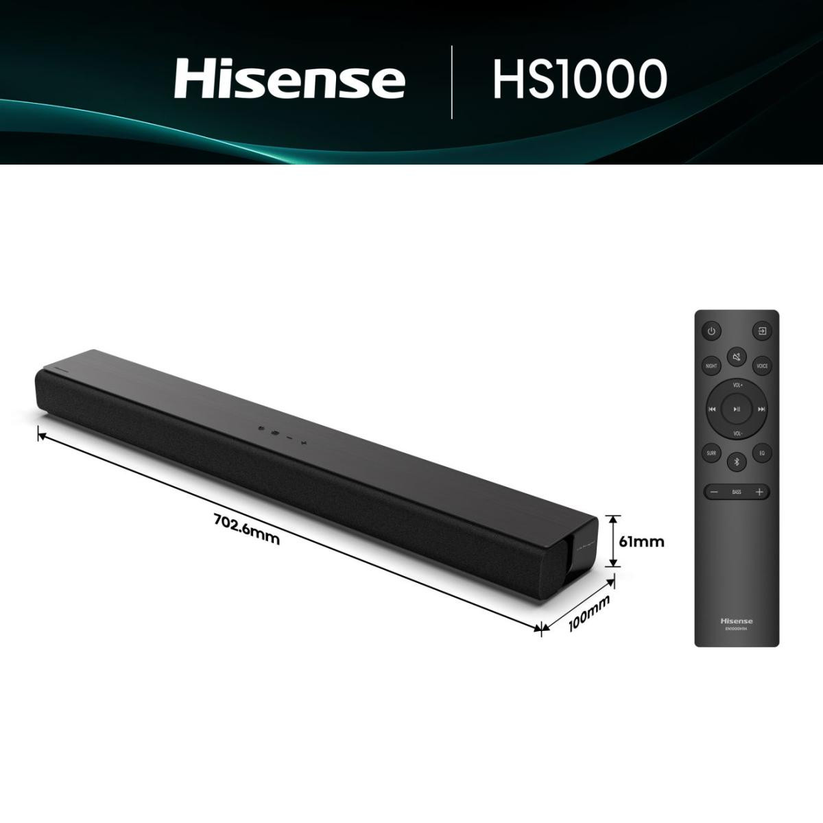 Barre de son Hisense HS1000 noire avec télécommande. Dimensions : 702,6x61x100mm.