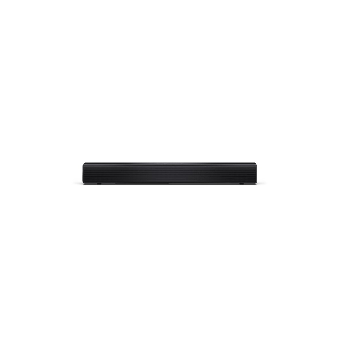 Soundbar nera e sottile centrata su sfondo bianco.