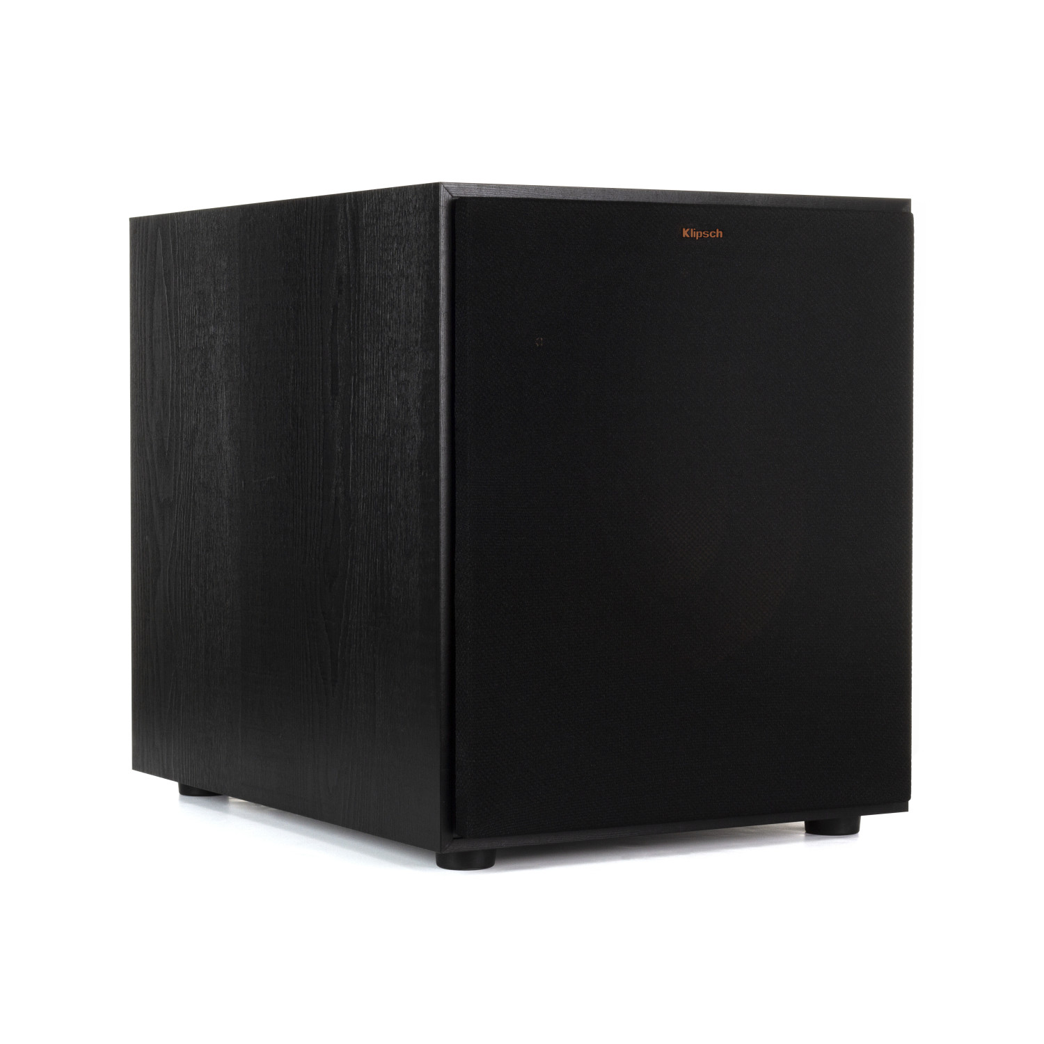 Schwarzer Subwoofer mit Holzmaserung und Klipsch-Logo auf weißem Hintergrund.