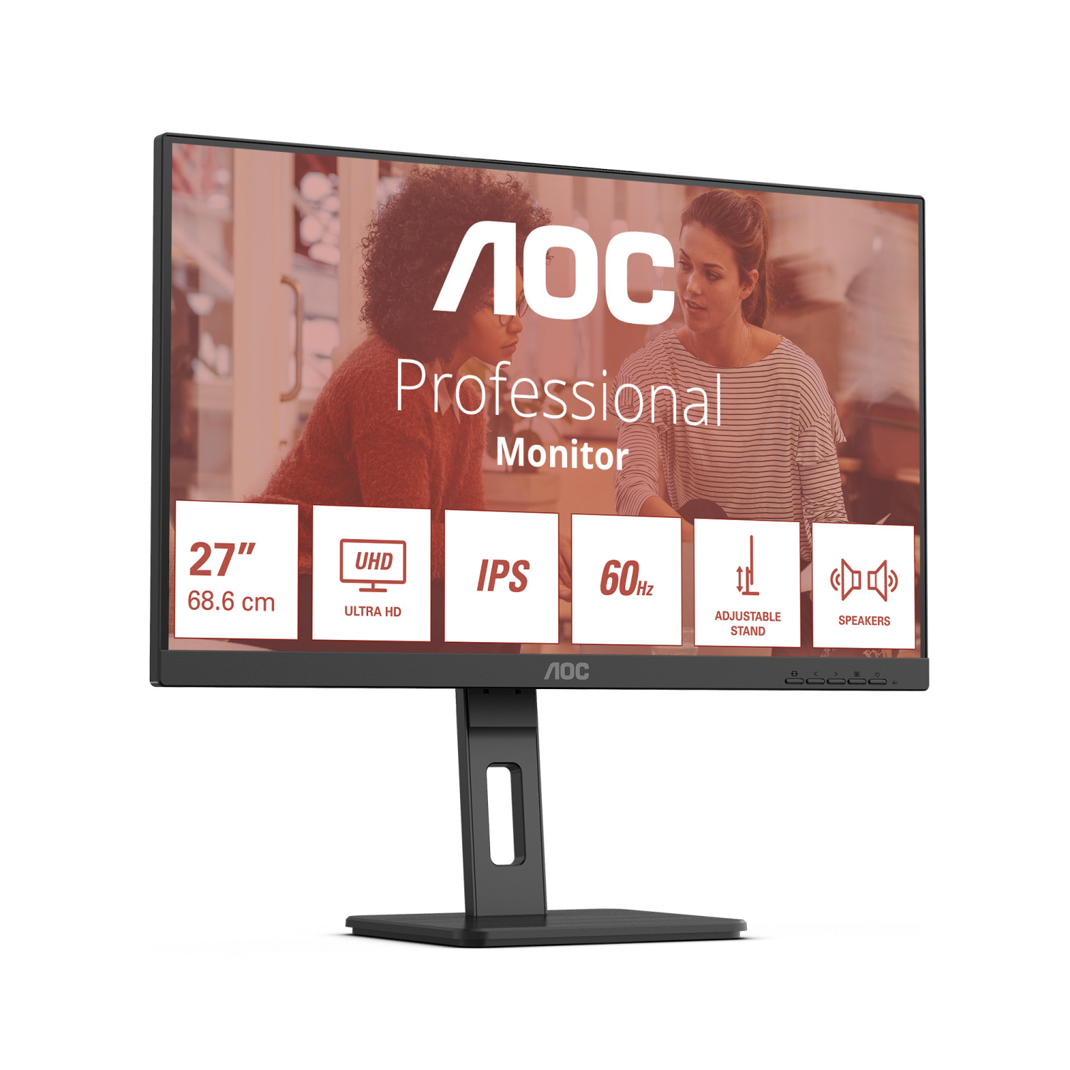 Monitor AOC de 27 pulgadas con UHD, IPS, 60Hz, soporte ajustable y altavoces.